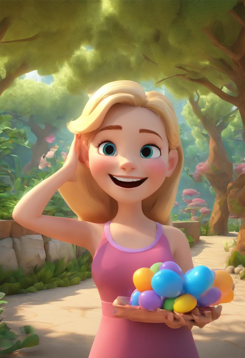 Estilo pixar: A blonde mom, segurando seus filhos no colo, um menino e uma menina. Paisagem com arvores e flores