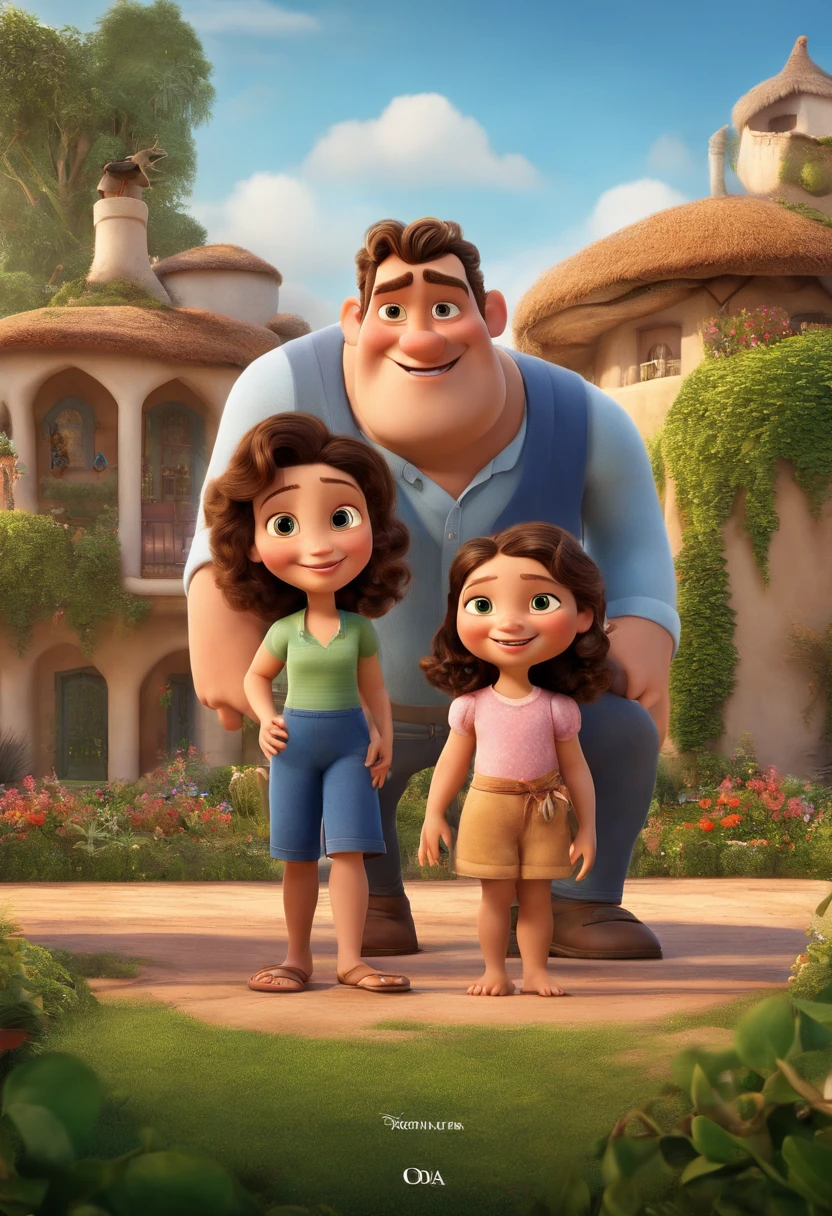 a Disney Pixar movie poster showing a white-skinned family. The father is the tallest, tem corpo um pouco barrigudo, careca, tem barba densa,  tem cara de mau. Mommy's got long black hair with a little blonde, Has athletic body with green eyes. Uma das meninas tem 1 ano com olhos azuis,loira. The bottom is a beautiful swimming pool in a beautiful house. Todos usam roupa de praia. 3D-rendering