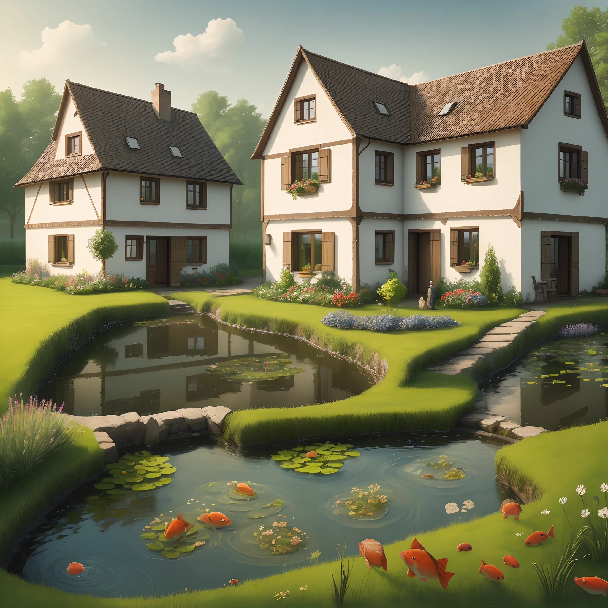 German house with pond in front with fish and peasant couple working in the fields.