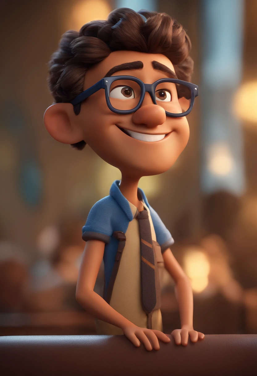 Cartoon character of a man with black glasses, cabelo cacheado marrom escuro e uma camisa azul, animation character, Caractere estilizado, animation style rendering, 3D estilizado, Arnold Maya render, 3 d render stylized, toon render keyshot, Personagem 3D, Personagem 3D, 3d rendering stylized, 3 d character render, personagem de desenho animado, Personagem de close up, Pose de personagem, (Estilo Pixar) (master part:1.2) (Bokeh) (best quality) (pele detalhada) (textura detalhada) (8k) (argila) (Cinematic lighting) (foco nítido