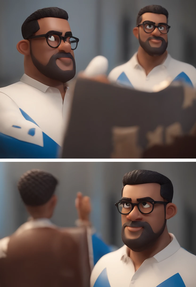 Cartoon character of a man with black glasses, cabelo cacheado marrom escuro e uma camisa azul, animation character, Caractere estilizado, animation style rendering, 3D estilizado, Arnold Maya render, 3 d render stylized, toon render keyshot, Personagem 3D, Personagem 3D, 3d rendering stylized, 3 d character render, personagem de desenho animado, Personagem de close up, Pose de personagem, (Estilo Pixar) (master part:1.2) (Bokeh) (best quality) (pele detalhada) (textura detalhada) (8k) (argila) (Cinematic lighting) (foco nítido