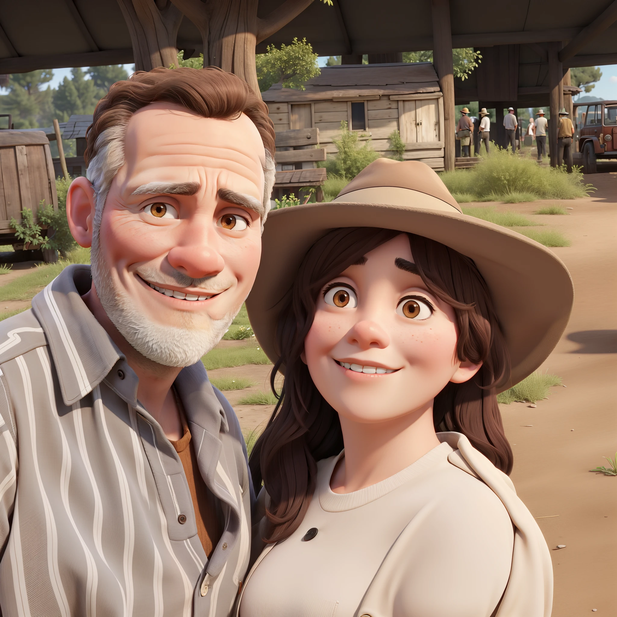 Short woman in brown hat and man