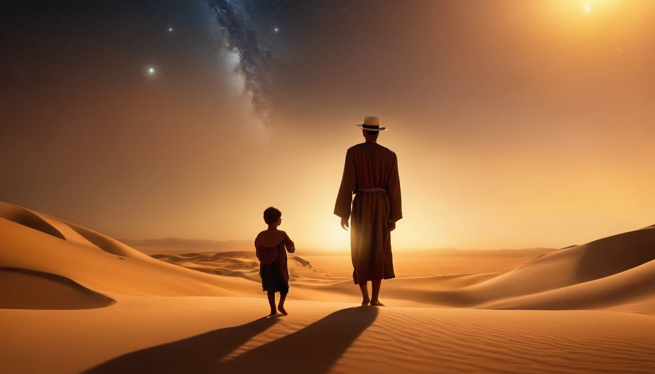 HOMEM VELHO, SENTADO NA AREIA, IN THE DESERT NEXT TO A CHILD, OLHANDO PARA AS ESTRELAS, realistico,