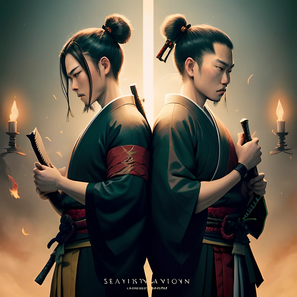 Create a book cover for me, it's got two samurai brothers on it, The two of them have Katanas in their hands, one of the Katanas is evil