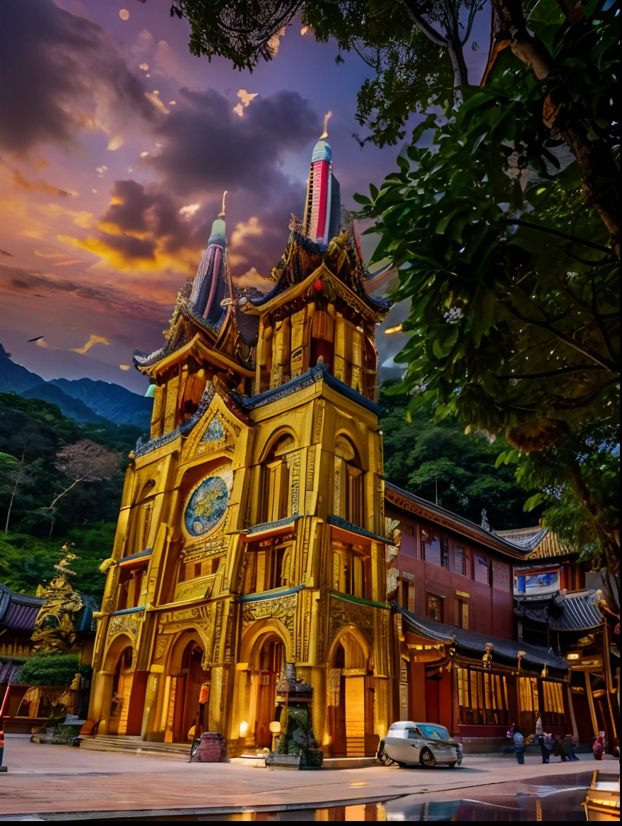 best quality, masterpiece, 16k uhd,(((building))), photorealistic, ornate Taiwanese temple paifang, main hall, Dian, gold-leaf decorations, Buddhism and Taoism, Taiwan and traditional Chinese religious places, colorful ceramic tiles, curved temple roof, intricate carvings, vibrant colors, Elaborate stone or wood sculptures, Altars, a few incense sticks are inserted in a delicate Taiwanese incense burner, paper money,
tree, no humans, architecture, scenery, dark sky, bridge, building, outdoors, pagoda, grass, stairs, front view, taiwanese_temple, (sunset day)