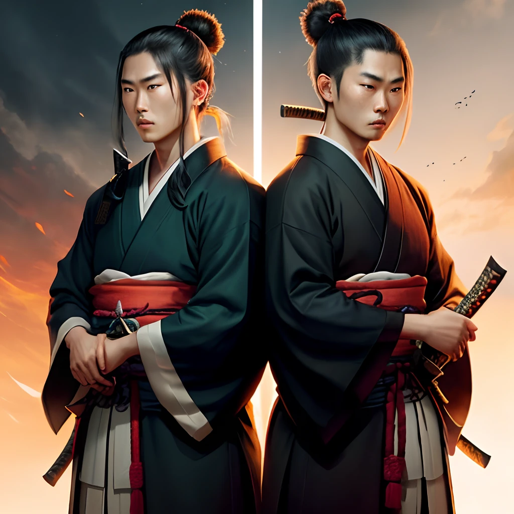 Create a book cover for me, it's got two samurai brothers on it, The two of them have Katanas in their hands, one of the Katanas is evil