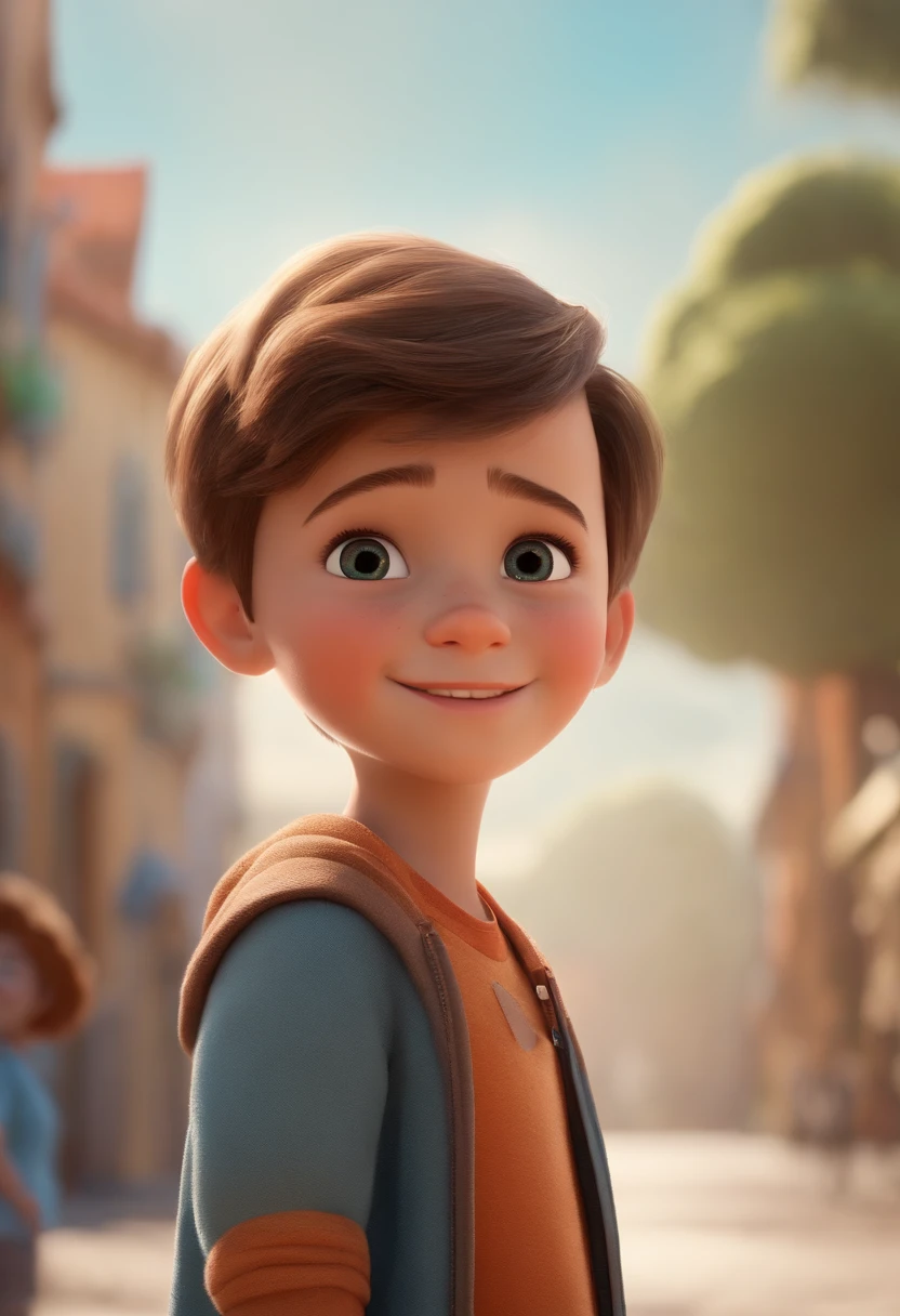 a happy cute kid standing short hair, vestindo uma fantasia espacial, , fundo branco, barnet, Tom, Estilo Pixar, ....3d, desenhos animados, rosto detalhado, asymmetrical 16k