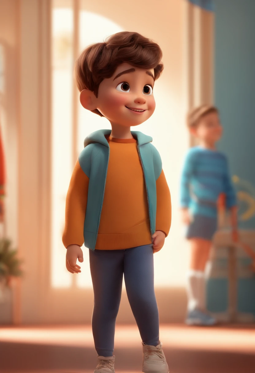 a happy cute standing short hair, vestindo uma fantasia espacial, , fundo branco, barnet, Tom, Estilo Pixar, ....3d, desenhos animados, rosto detalhado, asymmetrical 16k