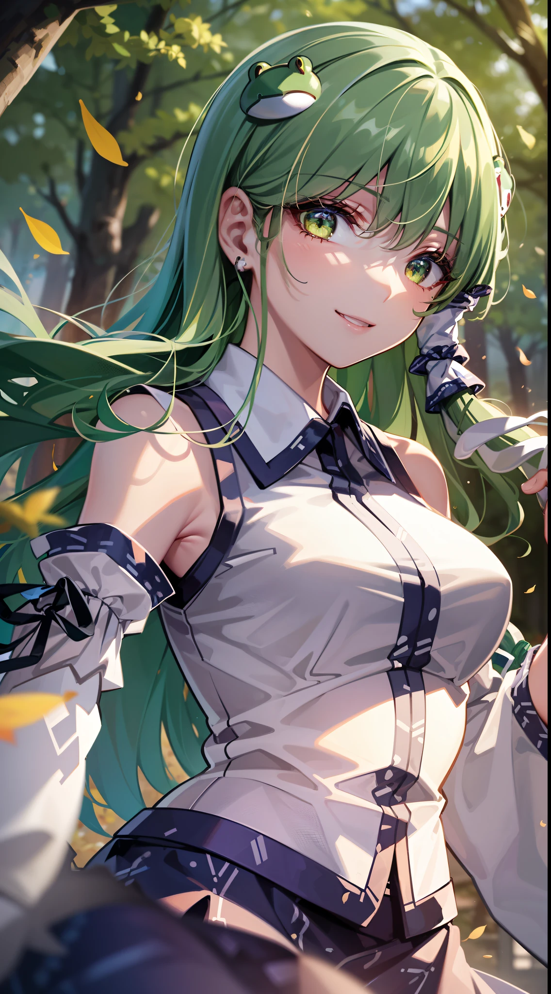 Best Quality,Ultra-detailed,Unity 8k壁纸,extremely details CG,super detailed skin,Detailed,Dynamic lighting,Beautiful detailed eyes,1girl in,kochiya sanae,Smile,Green long hair,Green eyes,frog hair ornament, hair tubes,snake,Detached sleeves,Shirt,Long skirt,autumn leaves