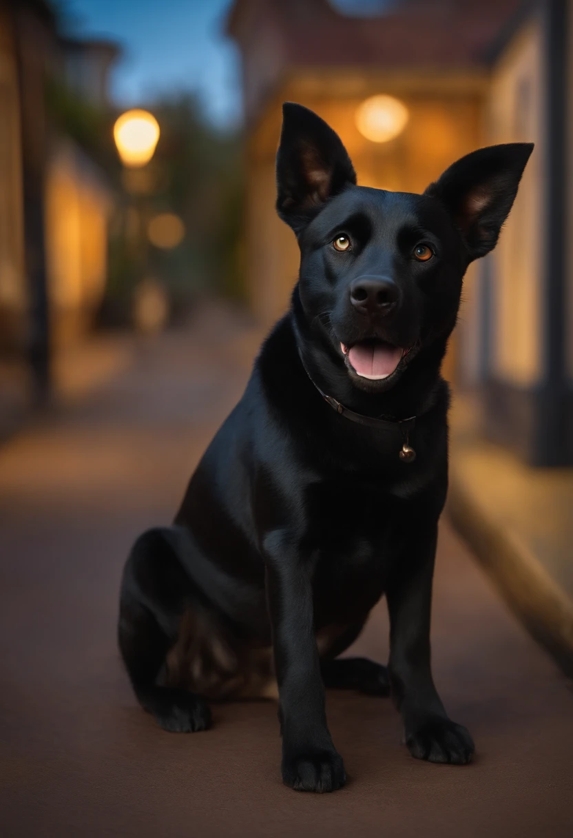 A black female dog, inspired by Pixar animation, de perto. The character takes center stage with captivating facial expressions, oferecendo um toque de irrealidade.