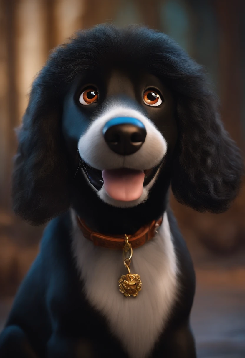 A black female dog, inspired by Pixar animation, de perto. The character takes center stage with captivating facial expressions, oferecendo um toque de irrealidade.