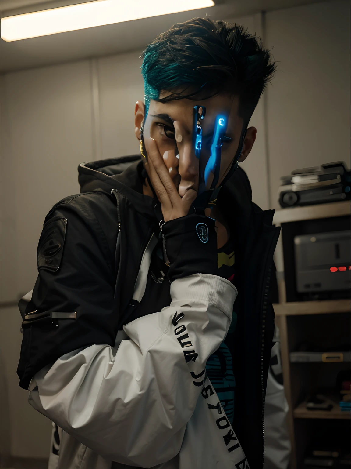 Change background cyberpunk jokar face boy realistic