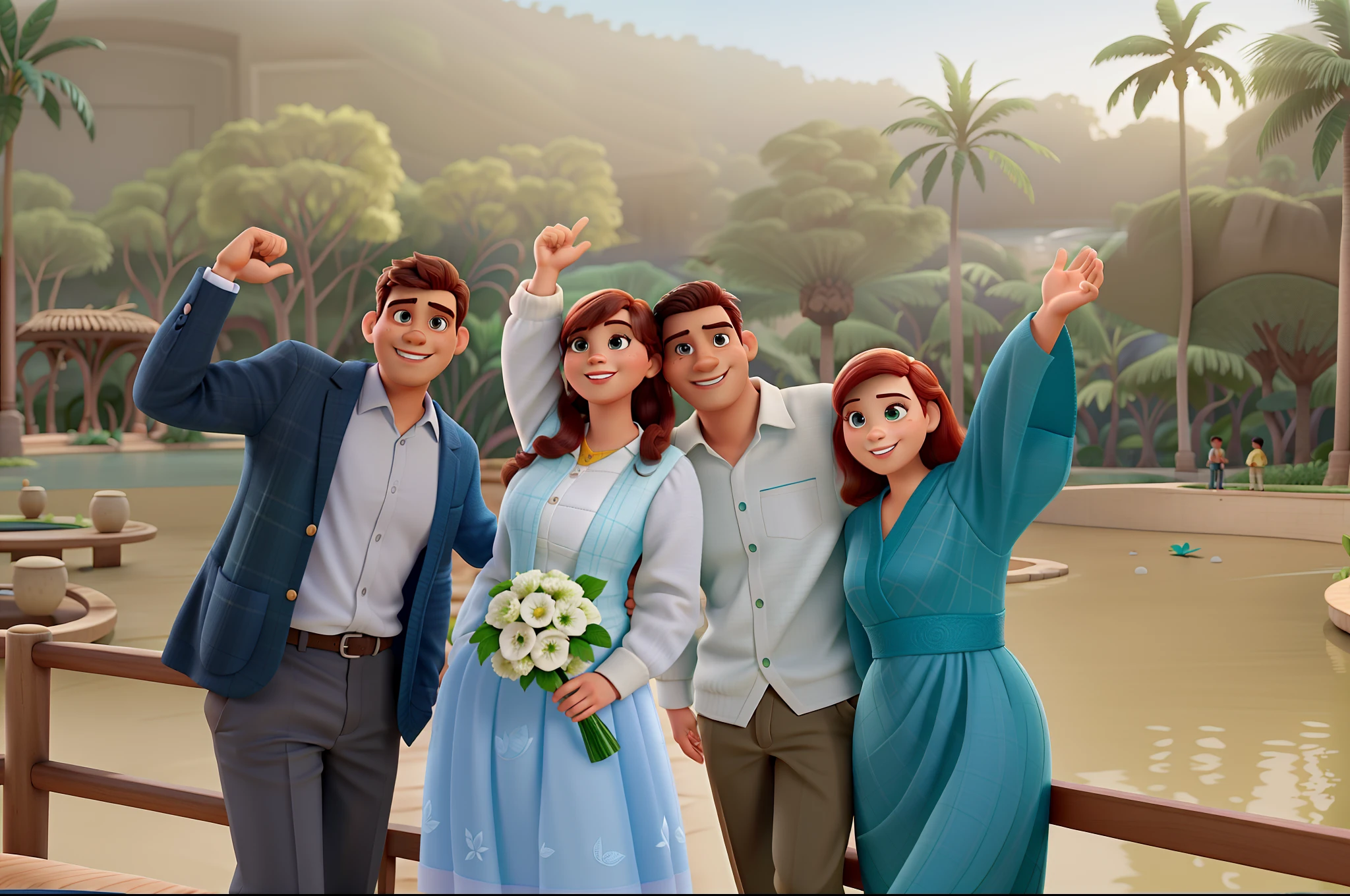 Dois homens e duas mulheres Disney Pixar style, alta qualidade, melhor qualidade, pano de fundo interior lago e palmeiras . Noiva e noivo no centro, rostos lindos