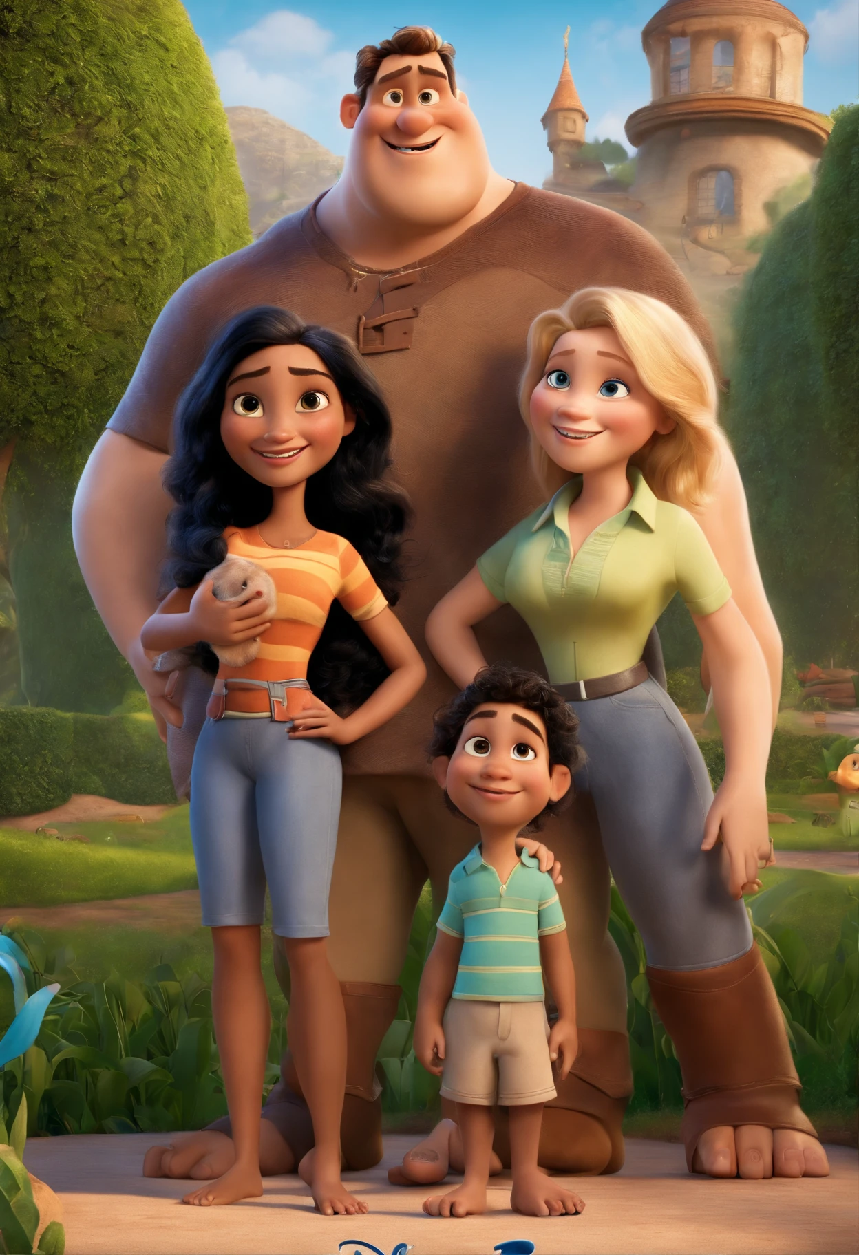 a Disney Pixar movie poster showing a white-skinned family. The father is the tallest, tem corpo um pouco barrigudo, careca, tem barba densa,  tem cara de mau. Mommy's got long black hair with a little blonde, Has athletic body with green eyes. Uma das meninas tem 1 ano com olhos azuis,loira. The bottom is a beautiful swimming pool in a beautiful house. Todos usam roupa de praia. 3D-rendering