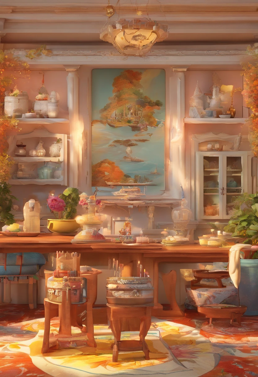 Uma pintura inspirada na fantasia de uma vila costeira em estilo kawacy, renderizado em cinema4d, bulboso, precise nautical details, design de personagem criativo, estilo de desenho animado extravagante, 32k uhd --com 2:1