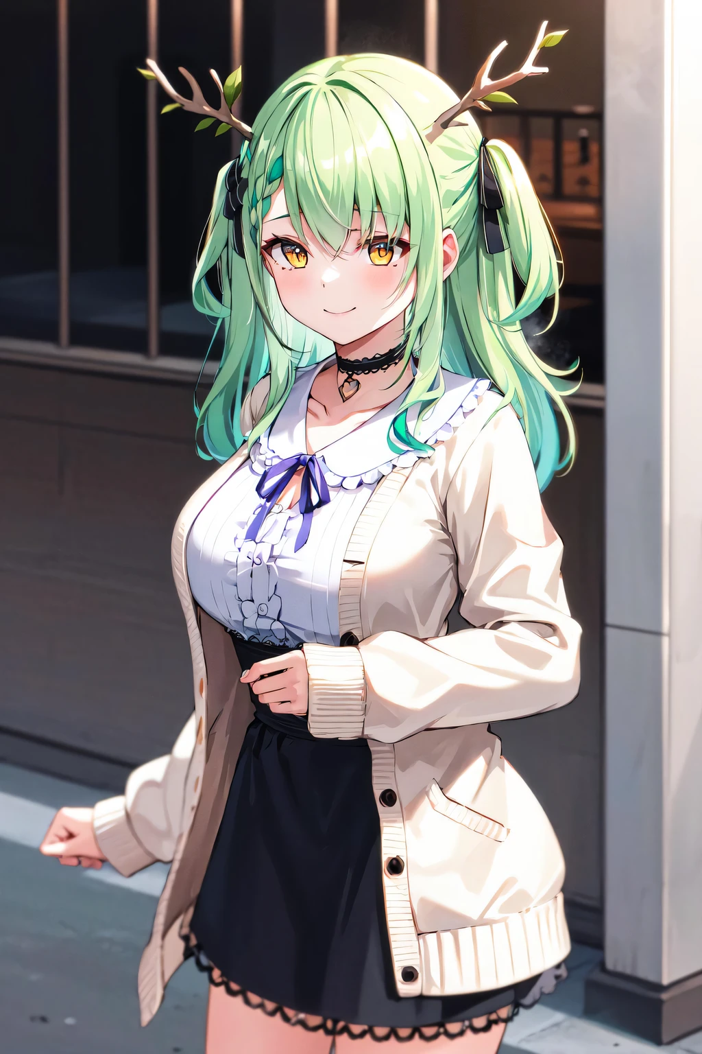 masterpiece, best quality, highres, hmcf, long hair, antlers, branch, two side up, hair ribbon, braid, yellow eyes, large breasts, jewelry, black choker, frills, white shirt, long sleeves, white cardigan, open cardigan, suspender skirt, black skirt, white socks, cowboy shot, standing, street, smile