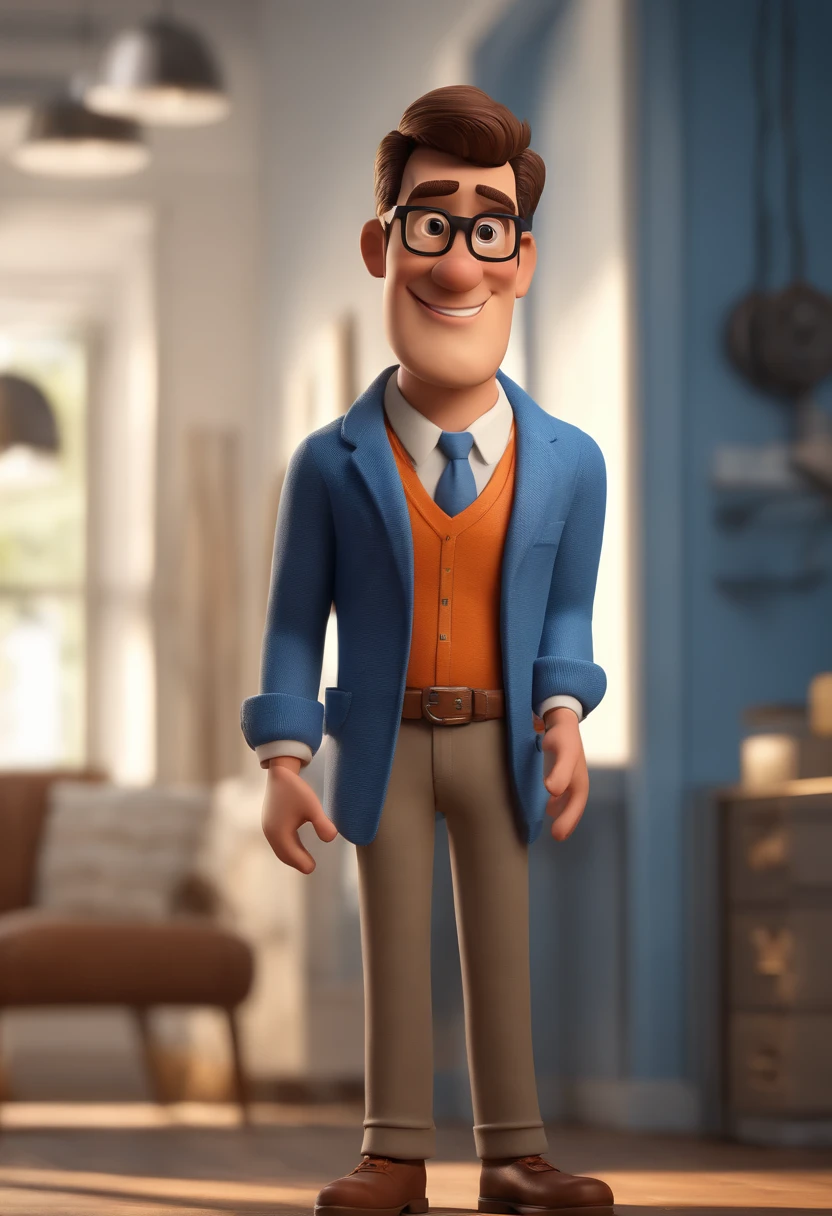 Cartoon character of a man with black glasses and a blue shirt, animation character, Caractere estilizado, animation style rendering, 3D estilizado, Arnold Maya render, 3 d render stylized, toon render keyshot, Personagem 3D, Personagem 3D, 3d rendering stylized, 3 d character render, personagem de desenho animado, Personagem de close up, Pose de personagem, (Estilo Pixar) (master part:1.2) (Bokeh) (best quality) (pele detalhada) (textura detalhada) (8k) (argila) (Cinematic lighting) (foco nítido