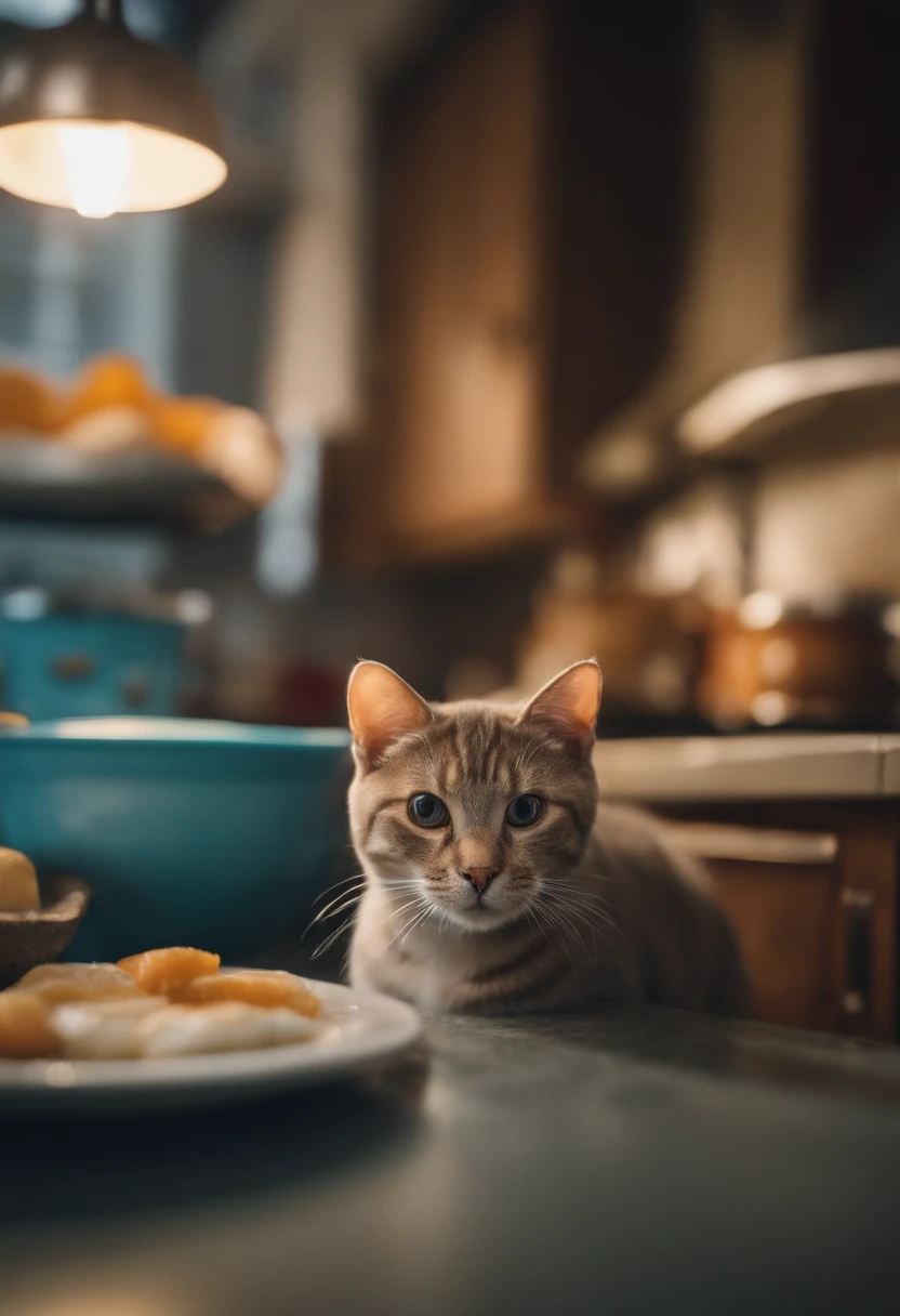 cat, English shorthair, Adult cats, The eyes are blue, The hair is clear, k hd, Hyper-real, Bite a fish in the middle of running, There's a kitchen in the back(k hd, Hyper-real) Chase with a stick, In the background, it is on the Ya Road in Hong Kong
