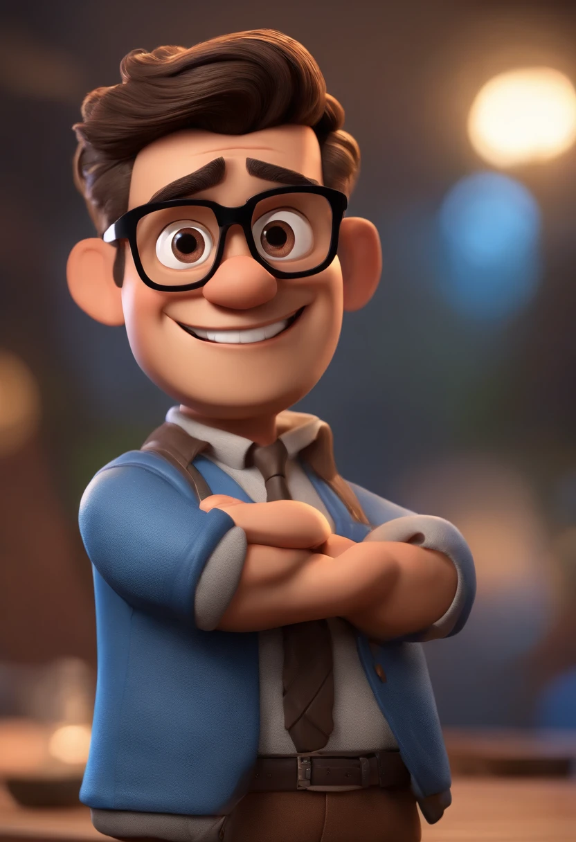 Cartoon character of a man with black glasses, cabelo cacheado marrom escuro e uma camisa azul, animation character, Caractere estilizado, animation style rendering, 3D estilizado, Arnold Maya render, 3 d render stylized, toon render keyshot, Personagem 3D, Personagem 3D, 3d rendering stylized, 3 d character render, personagem de desenho animado, Personagem de close up, Pose de personagem, (Estilo Pixar) (master part:1.2) (Bokeh) (best quality) (pele detalhada) (textura detalhada) (8k) (argila) (Cinematic lighting) (foco nítido