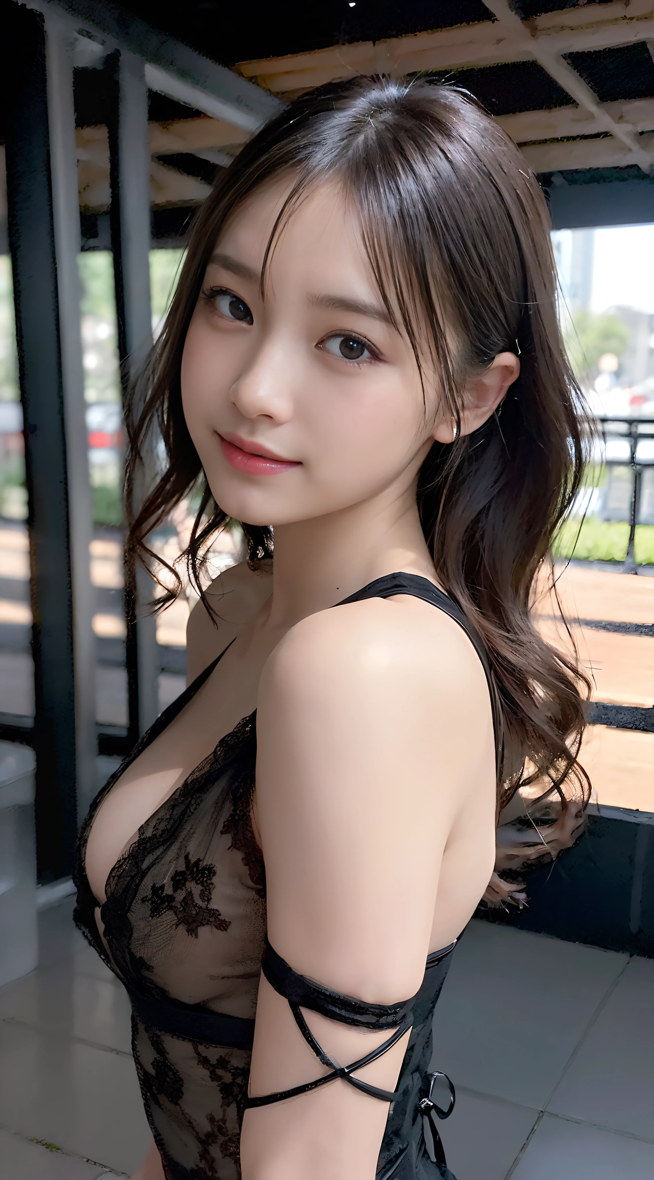 (8K, RAW photo, Best quality, masutepiece: 1.45), (hentail realism, Photorealistic: 1.37), One girl, Cute, Secretly showing a seductive smile:1.2, cheerfulness, winc,(From the side, cowboy lens: 1.3), embarrassing pose: 1.2, Seafront, Daytime, Professional lighting, photon maping, Radio City, physically-based renderingt(physically-based renderingt(physically-based renderingt(physically-based renderingt(physically-based renderingt(physically-based renderingt(physically-based renderingt(physically-based renderingt(physically-based renderingt(physically-based renderingt))))))))), masutepiece, rich details​, (Fair face),, (Fine eyes), (Clear face), (Detailed hand description), (Detailed hand description), (masutepiece), hentail realism, extreme light and shadows, Shiny hair, gradient brown hair, White hair, Short curly hair, Girls,Tiny, Double, messy  hair, fine clavicle,(Sheer deep V lace-up dress, Tiny, bare shoulders​,Side Chest,cleavage:1.3), Wake emphasis, Public obscenity, (Increased Skin Texture Beauty:1.1), immediately after getting out of the pool, teaxs,