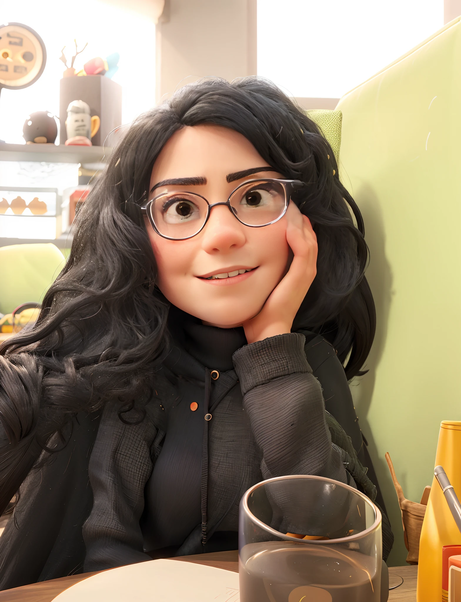 There's a young woman in glasses and a black top posing for a photo,Long wavy dark black hair brown eyes skin ultra realistic skin resolution 8k