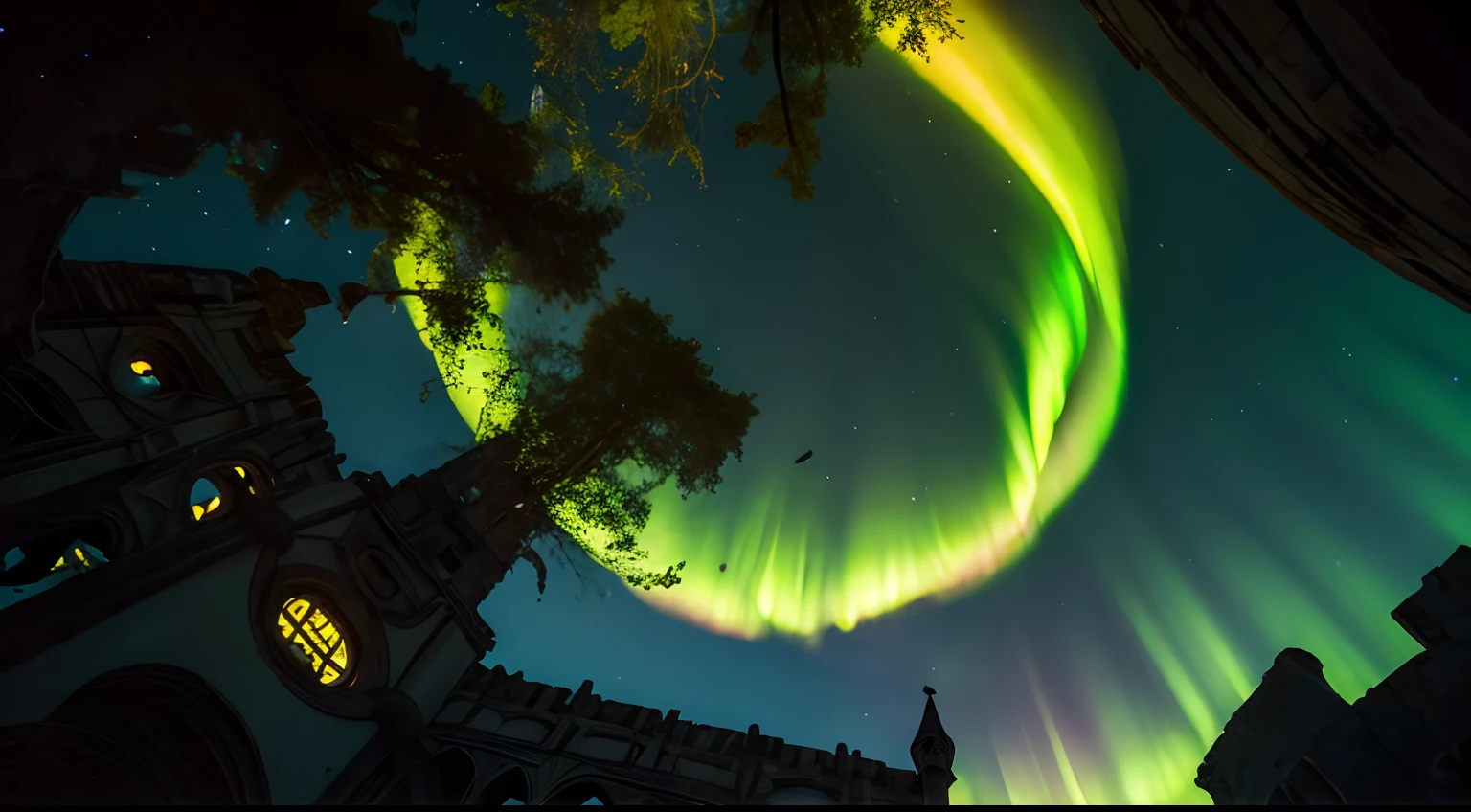 The dim sky is pale and yellowish,Collapsed medieval city,Aurora,Particles of light,Abandoned city,SF,Looking up at the sky from the bottom of the hole