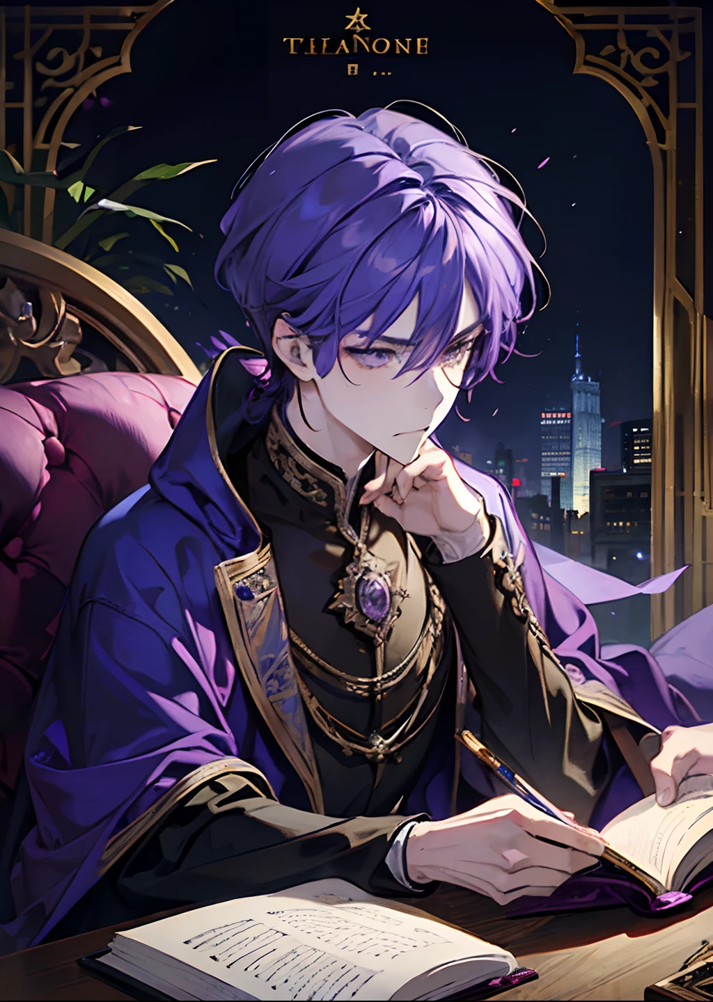 1male, purple hair, adult, angry, Yellow colored eyes, handsome and beautiful face, a scholar, prince, calm, in library and reading a book, a noble during the medieval times, wearing dark colors, cold and distant demeanor, fantasy setting