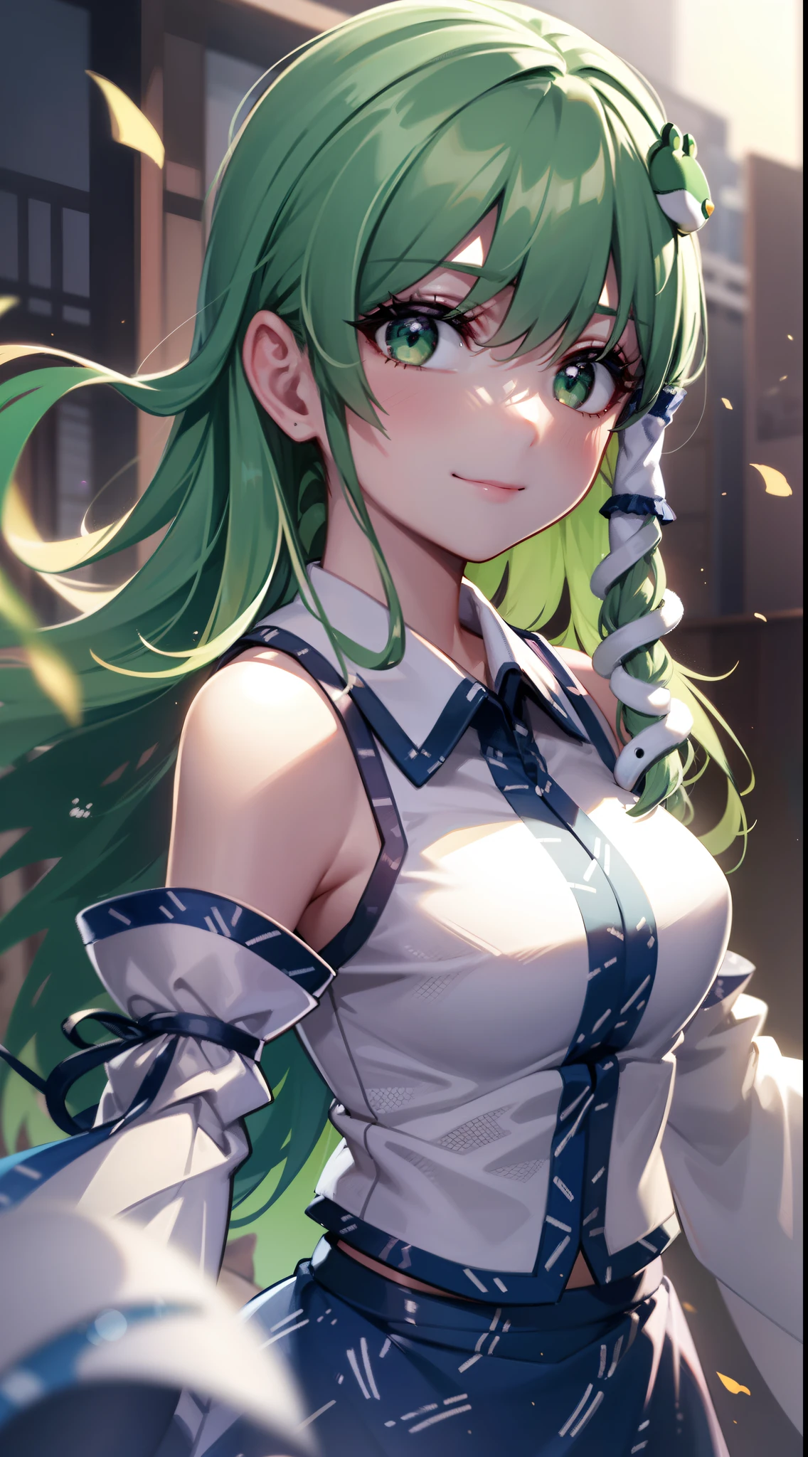 Best Quality,Ultra-detailed,Unity 8k壁纸,extremely details CG,super detailed skin,Detailed,Dynamic lighting,Beautiful detailed eyes,1girl in,kochiya sanae,Smile,Green long hair,Green eyes,frog hair ornament, hair tubes,snake,Detached sleeves,Shirt,Long skirt,