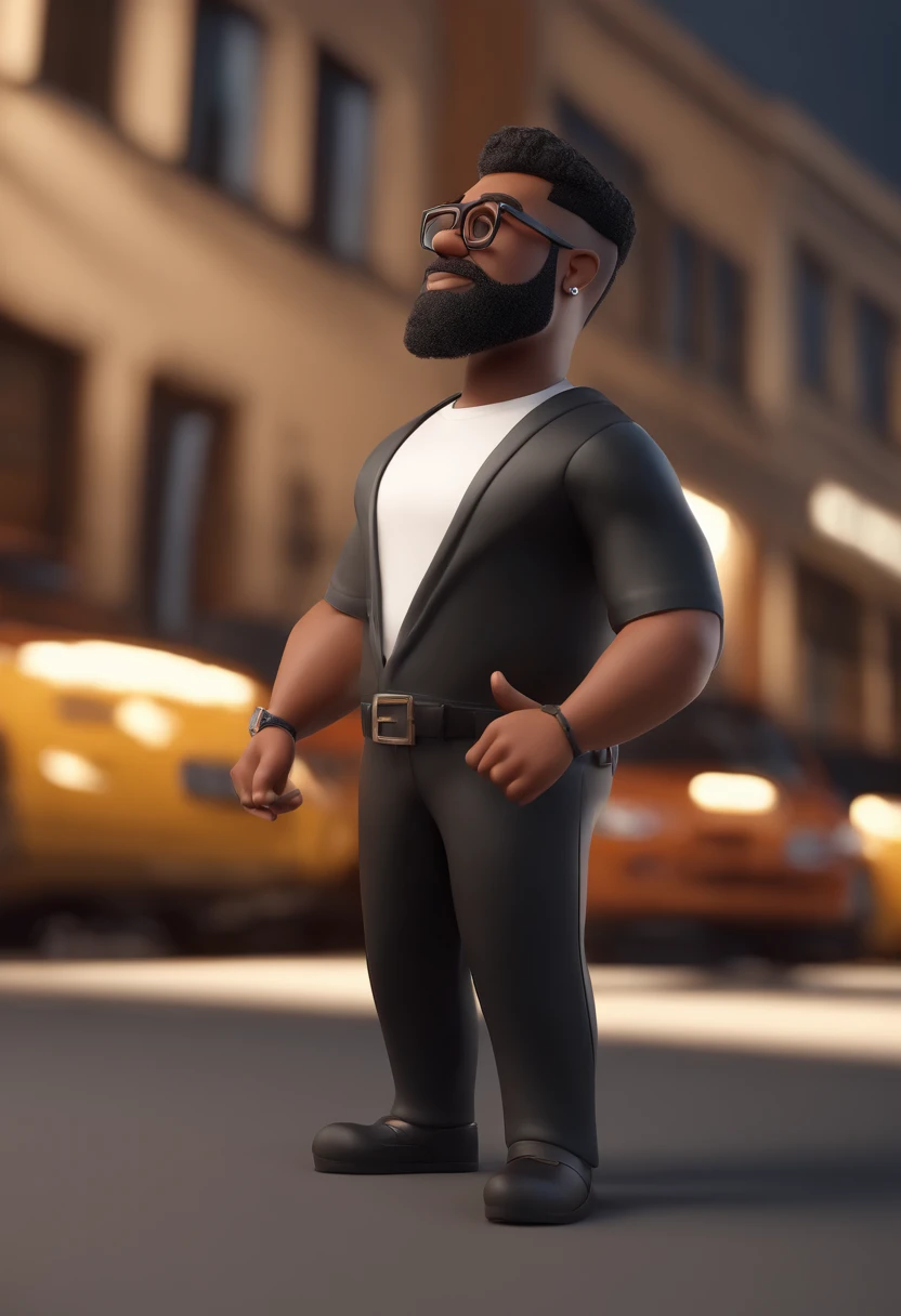 Cartoon character of a black man with black glasses and a black polo shirt, cabelo liso, With beard and old school tattoo on his arm, animation character, Caractere estilizado, animation style rendering, 3D estilizado, Arnold Maya render, 3 d render stylized, toon render keyshot, Personagem 3D, Personagem 3D, 3d rendering stylized, 3 d character render, personagem de desenho animado, Personagem de close up, Pose de personagem,  (Estilo Pixar) (master part:1.2) (Bokeh) (best quality) (pele detalhada) (textura detalhada) (8k) (argila) (Cinematic lighting) (foco nítido