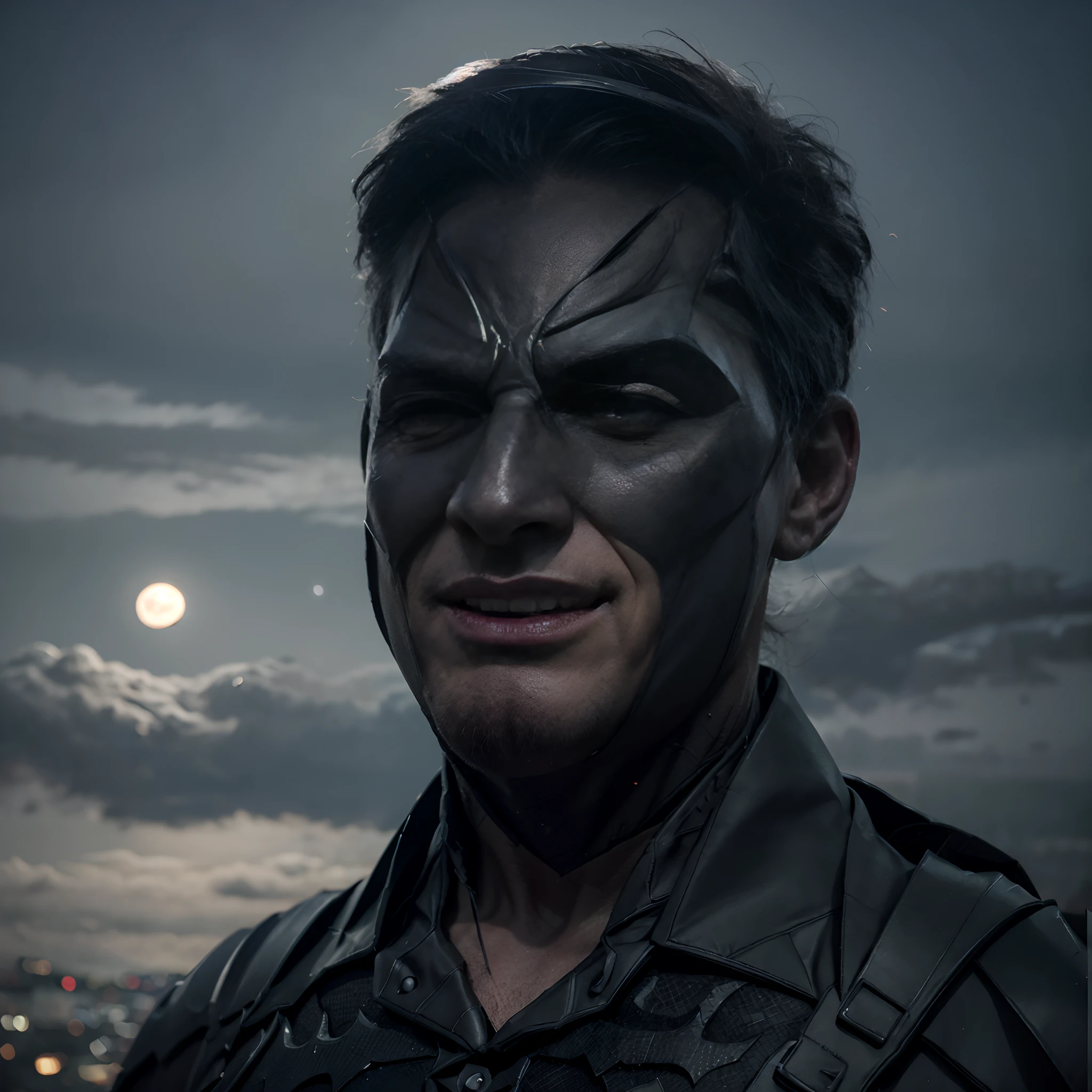 Closeup on a menacing and powerful dressed as Batman in an imposing appearance, menacing stare, ricamente detalhado, Hiper realista, 3D-rendering, obra-prima, NVIDIA, RTX, ray-traced, Bokeh, Night sky with a huge and beautiful full moon, estrelas brilhando,