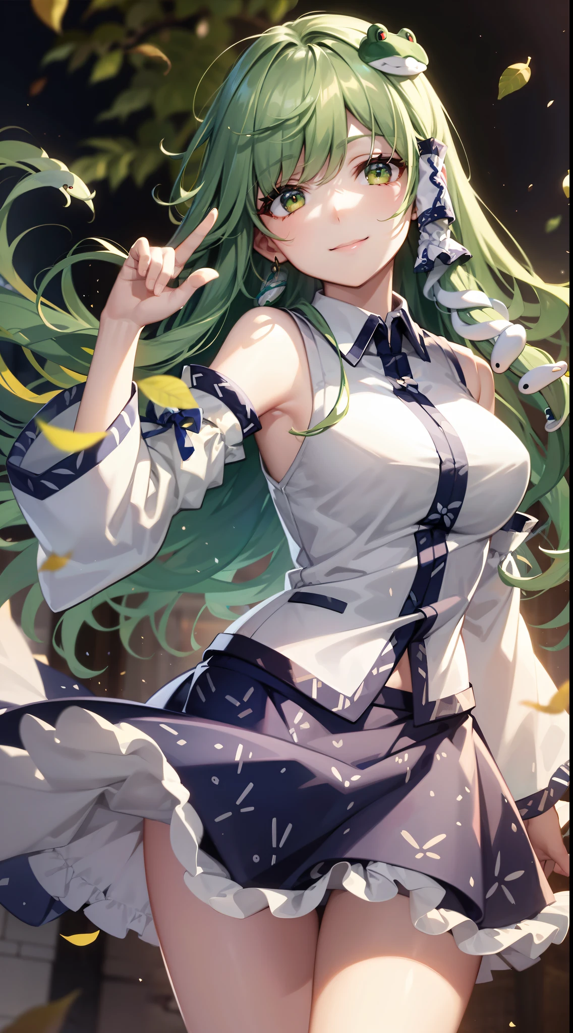 Best Quality,Ultra-detailed,Unity 8k壁纸,extremely details CG,super detailed skin,Detailed,Dynamic lighting,Beautiful detailed eyes,kochiya sanae,happy Smile,Green long hair,Green eyes,frog hair ornament, hair tubes,snake,Detached sleeves,Shirt,Long skirt,autumn leaves,stylish pose,finger to mouth,head tilt