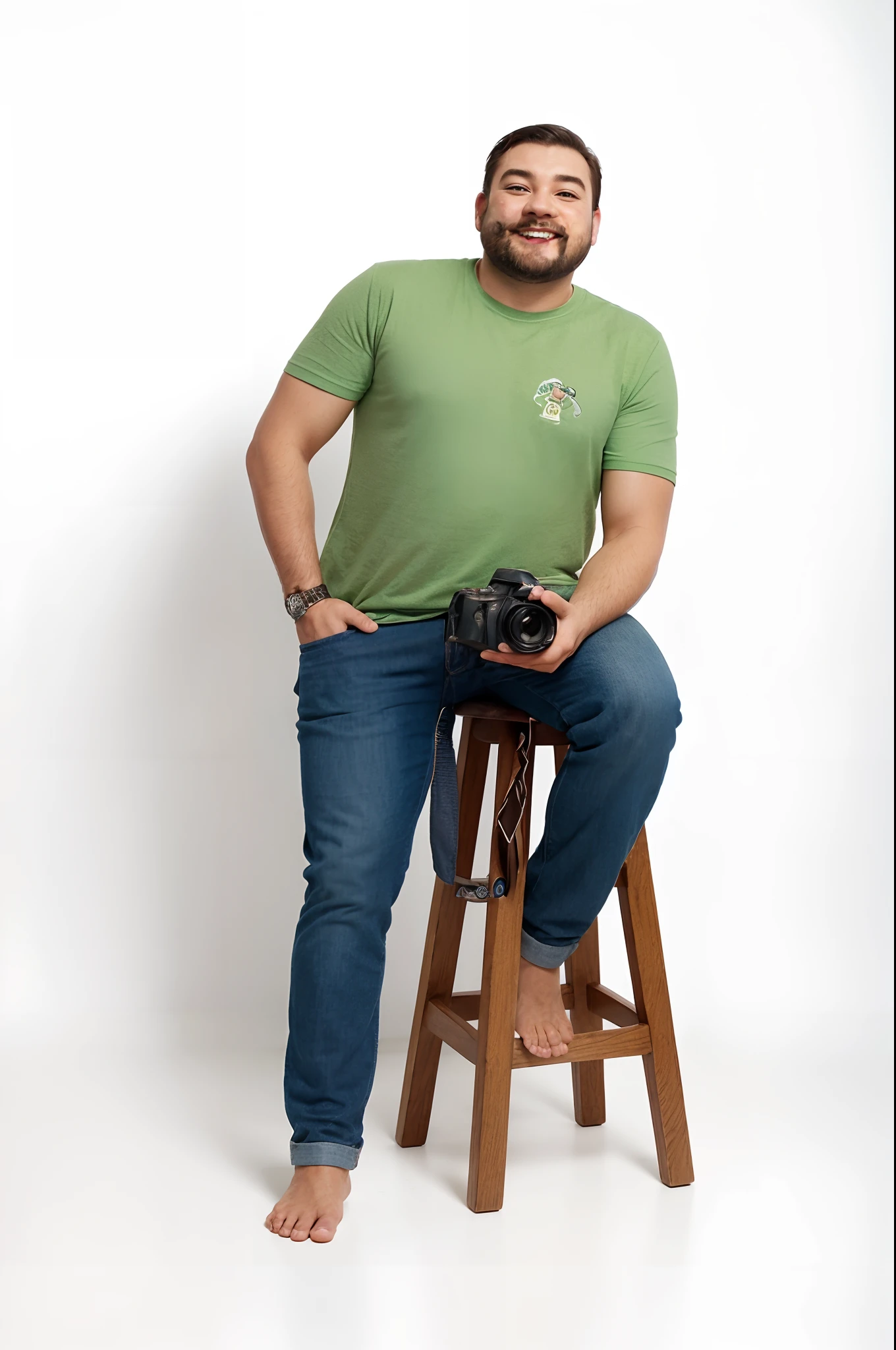 Pixar Disney 3d style drawing of a man sitting on a high stool with professional camera in hand with a green blouse smiling