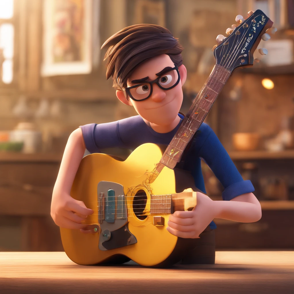 Estilo Disney Pixar, cantor no palco com guitarra simples Fender Telecaster cor de madeira, sorrindo, rosto parecido com Gary Oldman, rosto limpo, long hair kinda rebellious style Loki thin I' my hair is kinda straight and curly