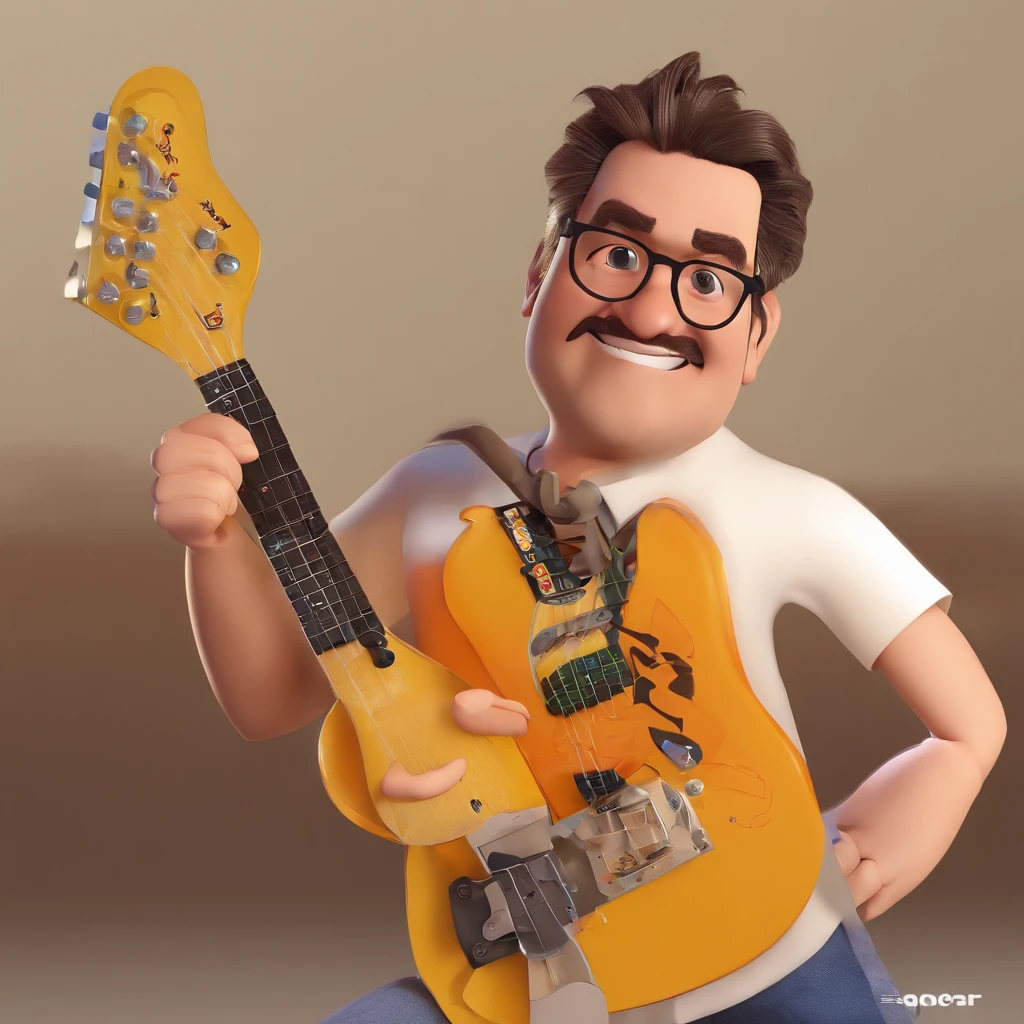Estilo Disney Pixar, cantor no palco com guitarra simples Fender Telecaster cor de madeira, sorrindo, rosto parecido com Gary Oldman, rosto limpo, long hair kinda rebellious style Loki thin I' my hair is kinda straight and curly