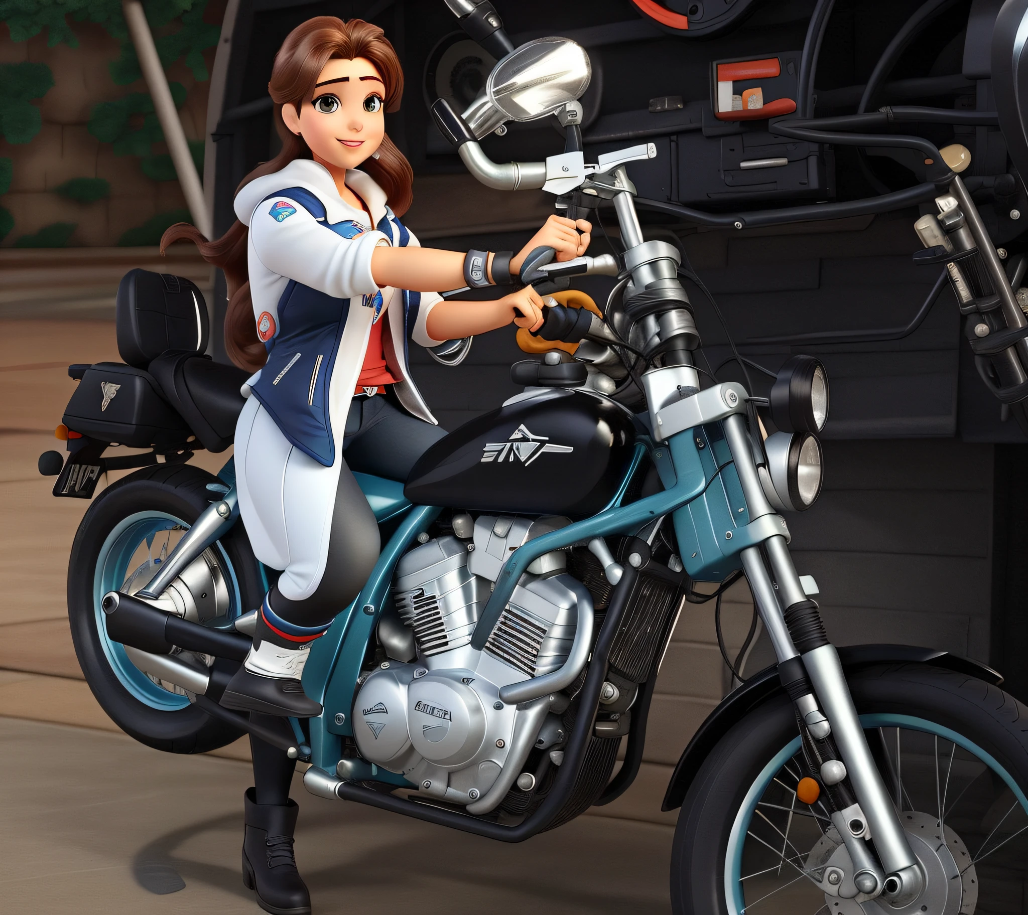 mulher em uma motocicleta, cabelos pretos, estilo disney pixar, alta qualidae, melhor qualidade