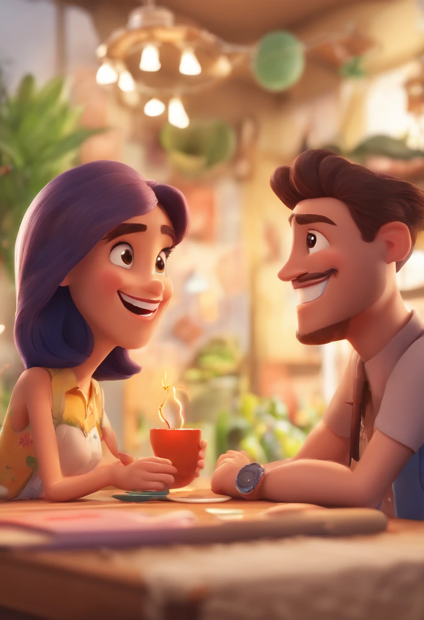 An illustration of an adorable couple, Highlight for a tall thin man with a smiling mustache and a brunette woman with beautiful expressive eyes - the man's skin is white and the man's hair is black and straight, the woman's skin is brunette and the woman's hair is curly and black . They are a bright room, cada um com um sorriso no rosto, e compartilhar um momento especial caracterizado pelo amor, Insights. Illustrate this scene from a perspective where they are facing the camera, Smiling and Showing Your Connection. Desenvolva esta arte em Full HD, Focus on your cinematic touch, Estilo Disney Pixar Animations