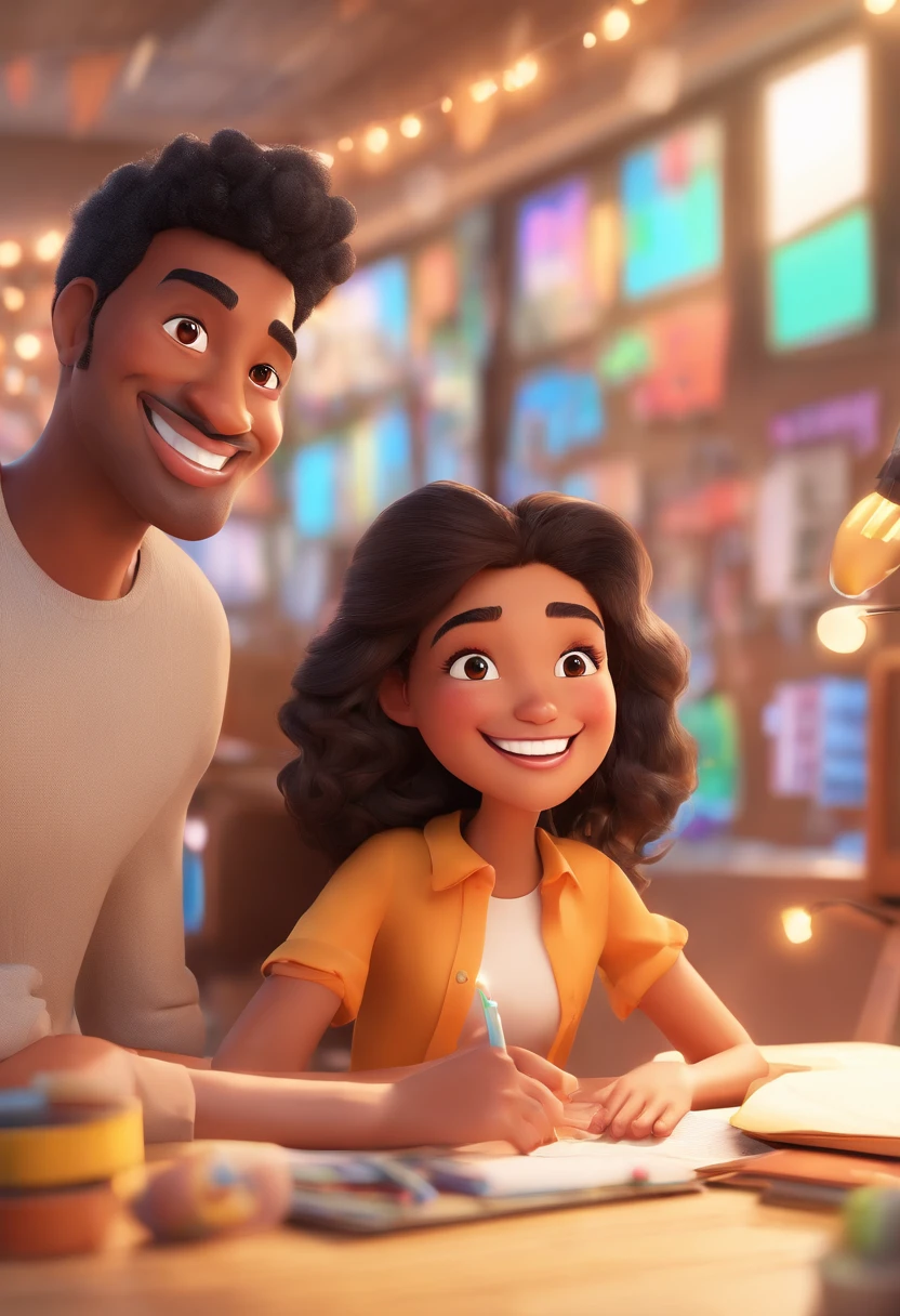 An illustration of an adorable couple, Highlight for a tall thin man with a smiling mustache and a brunette woman with beautiful expressive eyes - the man's skin is white and the man's hair is black and straight, the woman's skin is brunette and the woman's hair is curly and black . They are a bright room, cada um com um sorriso no rosto, e compartilhar um momento especial caracterizado pelo amor, Insights. Illustrate this scene from a perspective where they are facing the camera, Smiling and Showing Your Connection. Desenvolva esta arte em Full HD, Focus on your cinematic touch, Estilo Disney Pixar Animations