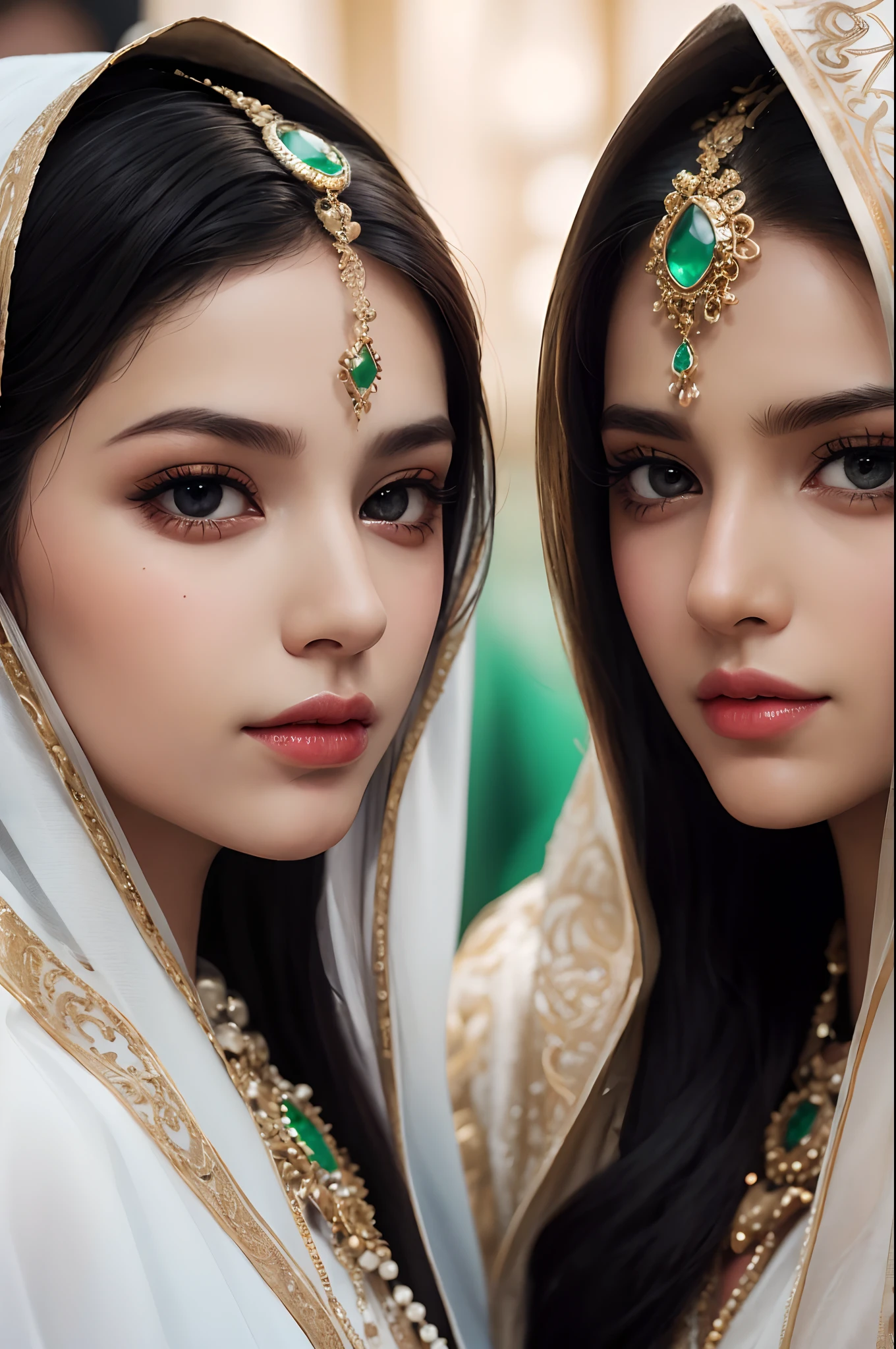 two very beautiful Saudi girls,leering:1.4, hair_ornament, jewelry,fullbody,Best quality, masterpiece, ultra high res, (photorealistic:1.4)in the dark, deep shadow, low key,upper body