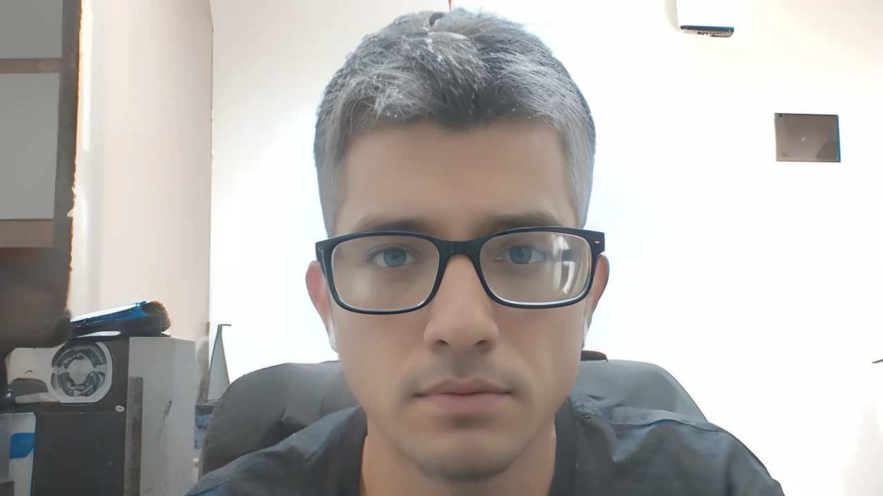 Criar um personagem no estilo Pixar. Trata-se de um homem de 30 anos, com barba, Branco, com cabelos castanhos curtos e um quiff, e olhos castanhos. Ele deve estar na frente de um computador, Trabalhar como designer