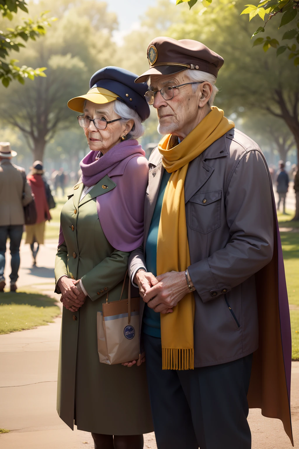 obra-prima, de melhor qualidade, An elderly woman with glasses next to an elderly man in a cap, Superhero scarf and cape, Wearing a lilac coat, green handkerchief, Yellow Superhero Cape, Standing in the park