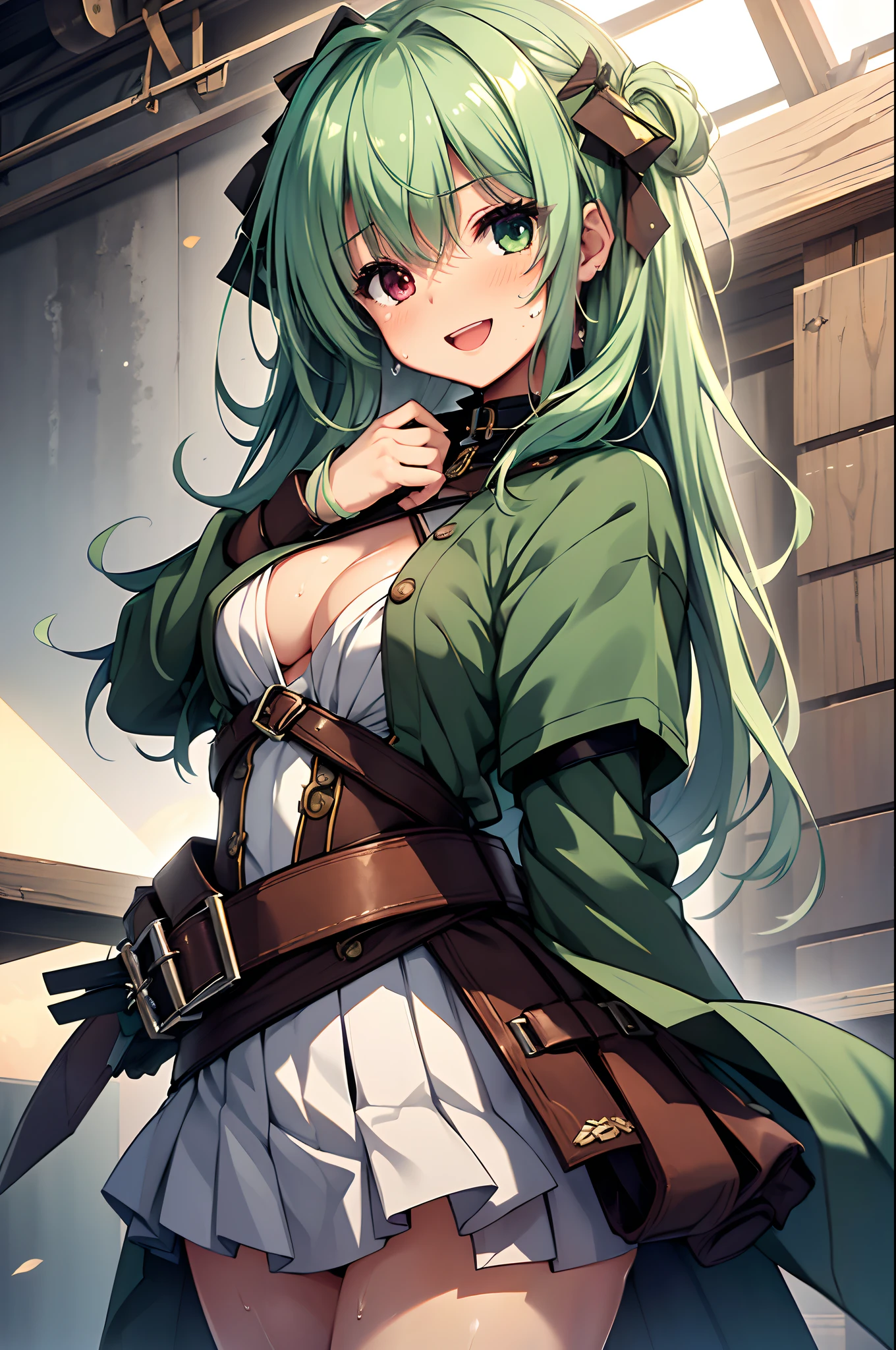 top-quality、Top image quality、in 8K,4K,​masterpiece、(NSFW:1.1)、bared  chest,((Having sex)),ultra-detailliert、Beautiful、ultra-quality、cute little、girl with(((18year old、Skin shining with sweat、、erotick:1.4、Happiness)))、tiny girl,Colossal tits,Smile with open mouth,Green hair,Adventurer Costume,Archer,Archer,Heterochromia,hiquality、visualart、masutepiece