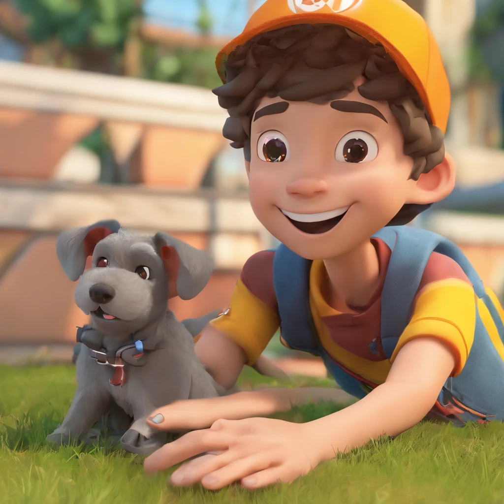 Lucas is a smiling 15-year-old human boy, com seu fiel amigo, Bolt, o cachorro schnauzer, deitados no jardim