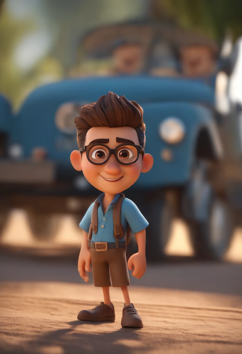 Cartoon character of a man with black glasses, cabelo cacheado marrom escuro e uma camisa azul, animation character, Caractere estilizado, animation style rendering, 3D estilizado, Arnold Maya render, 3 d render stylized, toon render keyshot, Personagem 3D, Personagem 3D, 3d rendering stylized, 3 d character render, personagem de desenho animado, Personagem de close up, Pose de personagem, (Estilo Pixar) (master part:1.2) (Bokeh) (best quality) (pele detalhada) (textura detalhada) (8k) (argila) (Cinematic lighting) (foco nítido