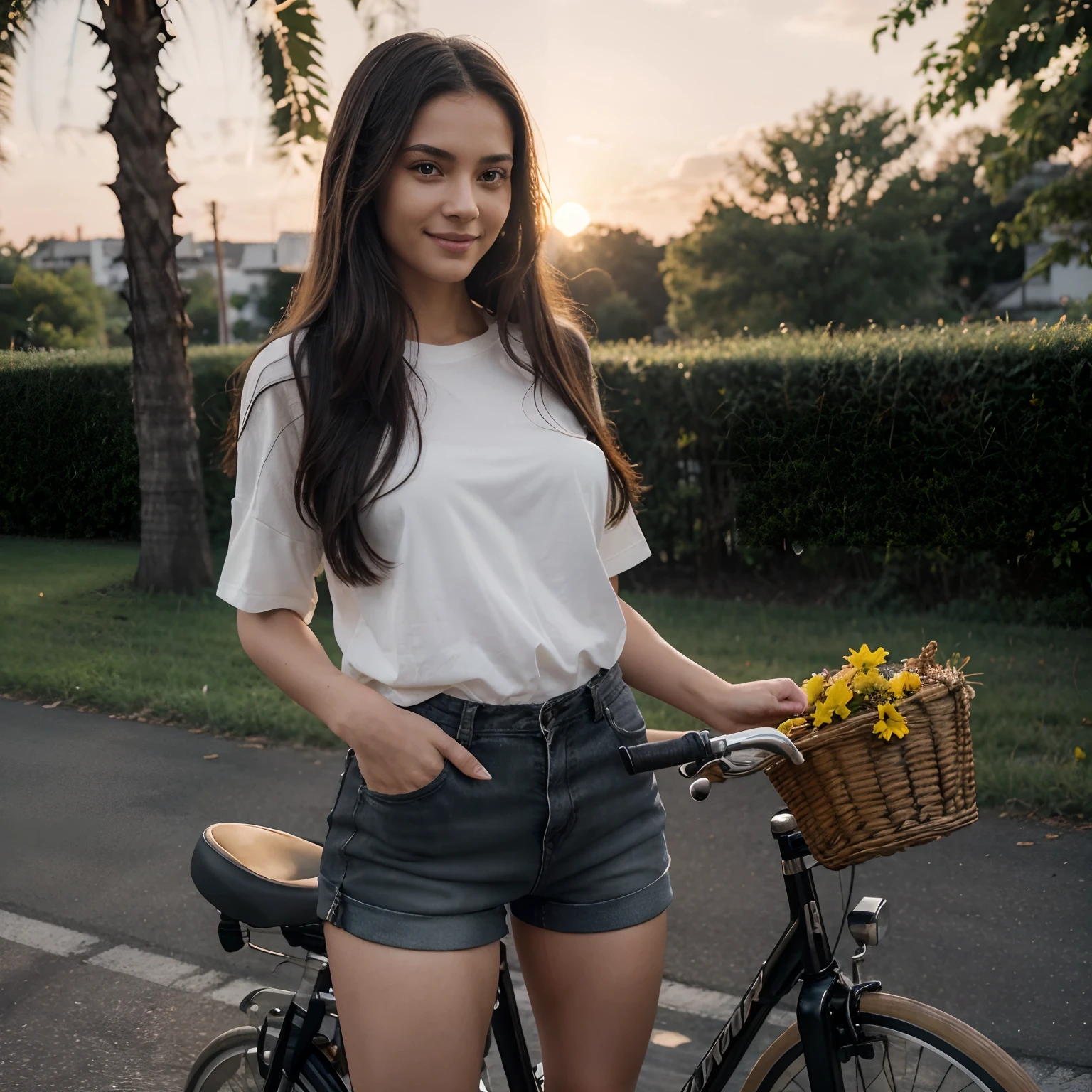 One woman of about 20 years old, black long hair, body measurement 36-25-36, height 5'7", Hazel eyes, wearing shirt and shorts, oversized outfit, standing next to a bicycle with a yellow basket, bicycle, cycling, instagram model, sunset scene, happy mood, smiling, calm lighting, Full Body full height Shooting, Masterpiece, RAW Photography, 8k, Top Quality, Fine Pore, Photorealistic, Ultra Detailed, (high skin detail:1.2),Extremely detailed,Intricate, sharp-focus