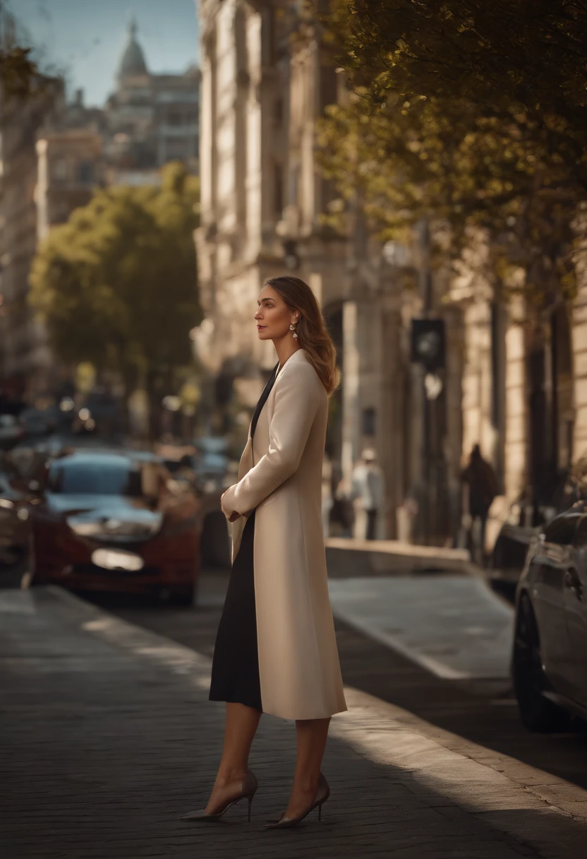 (8k, Foto RAW, best quality, master part: 1.2), (Realistic, fotorrealista: 1.37), 1 woman in suit standing on the sidewalk, Cityscape, dia, sunny morning, professional lighting, photon maping, radiosidade, Mulher brasileira, Rasgado, camisa, mulher no terno, terno de seda