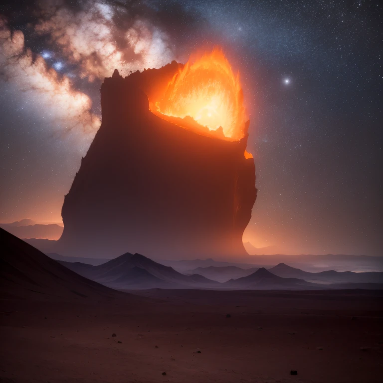 （（（The spacesuit is broken）））The astronaut，Alien base (Very detailed) In the mountainous desert，There are several exhaust fans and chimneys, Some spotlights come out of the base to illuminate dark places, (Extreme nights), Some clouds in the night sky, Some of the surrounding planets provide air to unknown planets，The farthest giant volcano is erupting（(The astronaut)）（（（The spacesuit is broken）））