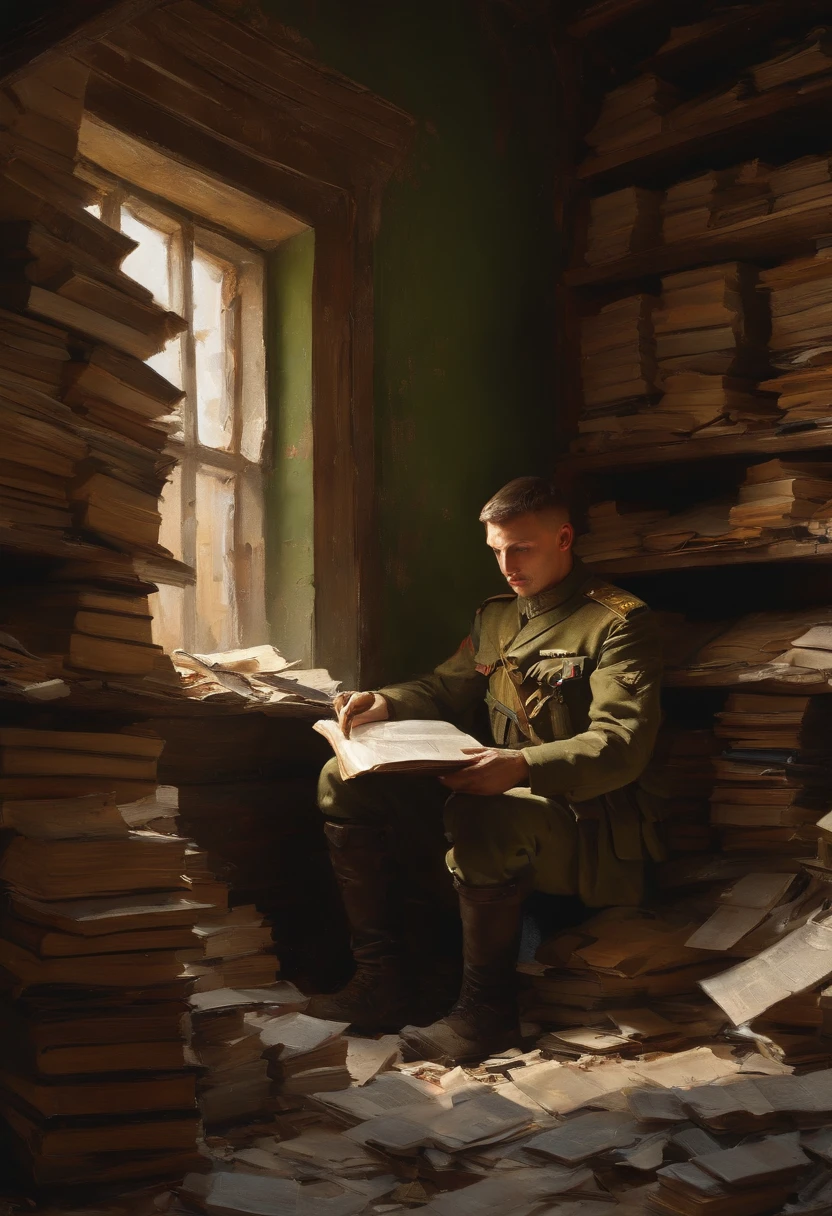 A Ukrainian soldier with a FGM-148 Javelin antitank guided missile reading book in piles of books in a bombed-out library by Ilya Repin