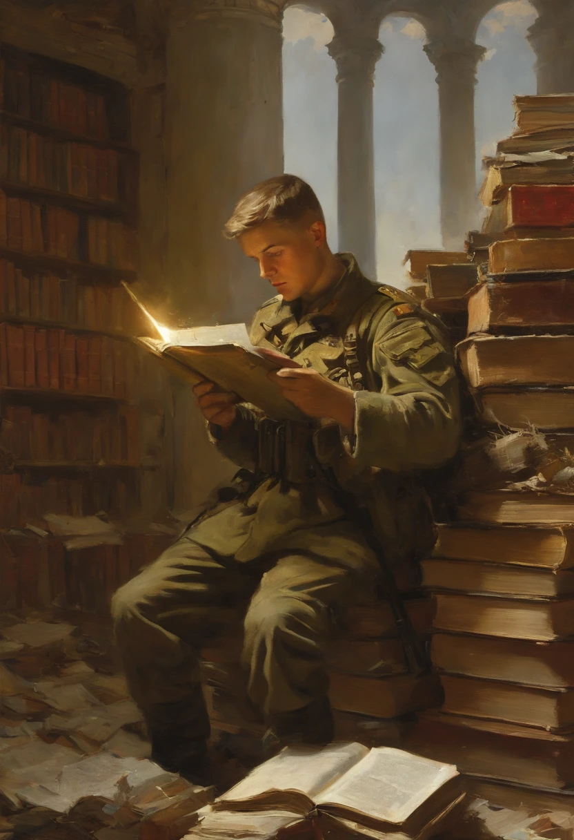 A Ukrainian soldier with a FGM-148 Javelin antitank guided missile reading book in piles of books in a bombed-out library by Ilya Repin
