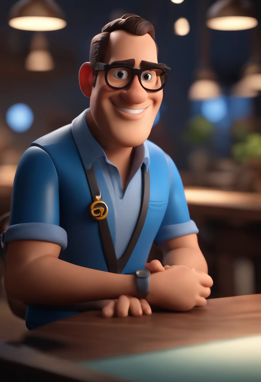 Cartoon character of a man wearing black glasses and a blue shirt, um personagem animado, Caractere estilizado, animation style rendering, 3D estilizado, Arnold Maya render, 3 d render stylized, toon render keyshot, Personagem 3D, Personagem 3D, 3d rendering stylized, 3 d character render, personagem de desenho animado, Personagem de close up, Pose de personagem, (Estilo Pixar) (master part:1.2) (Bokeh) (best quality) (pele detalhada) (textura detalhada) (8k) (argila) (Cinematic lighting) (foco nítido，Senta e vaza a parte superior do corpo