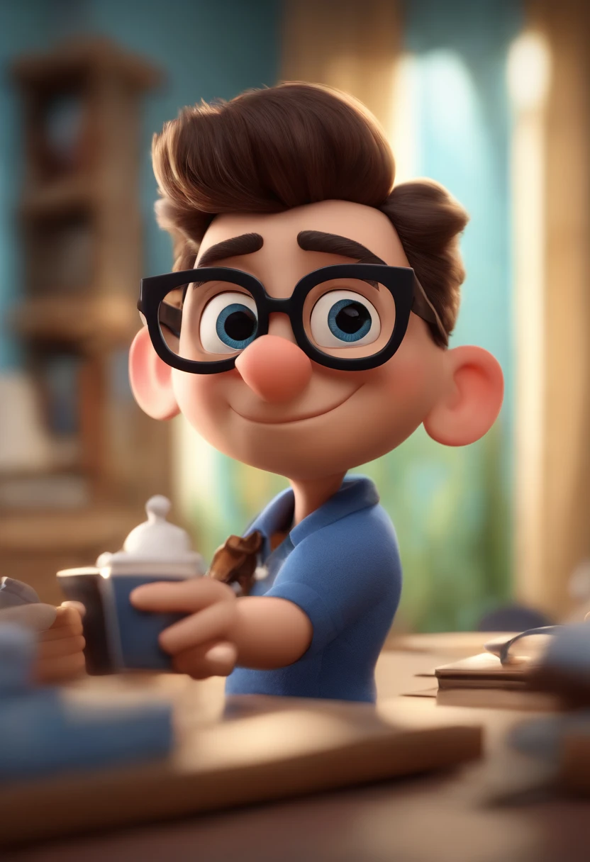 Cartoon character of a man wearing black glasses and a blue shirt, um personagem animado, Caractere estilizado, animation style rendering, 3D estilizado, Arnold Maya render, 3 d render stylized, toon render keyshot, Personagem 3D, Personagem 3D, 3d rendering stylized, 3 d character render, personagem de desenho animado, Personagem de close up, Pose de personagem, (Estilo Pixar) (master part:1.2) (Bokeh) (best quality) (pele detalhada) (textura detalhada) (8k) (argila) (Cinematic lighting) (foco nítido，Senta e vaza a parte superior do corpo